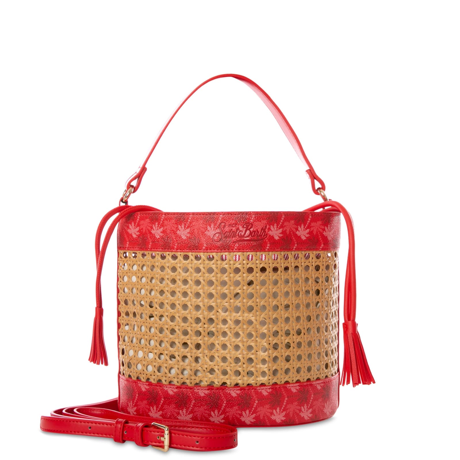 Straw Bucket Bag With Red Monogram Details