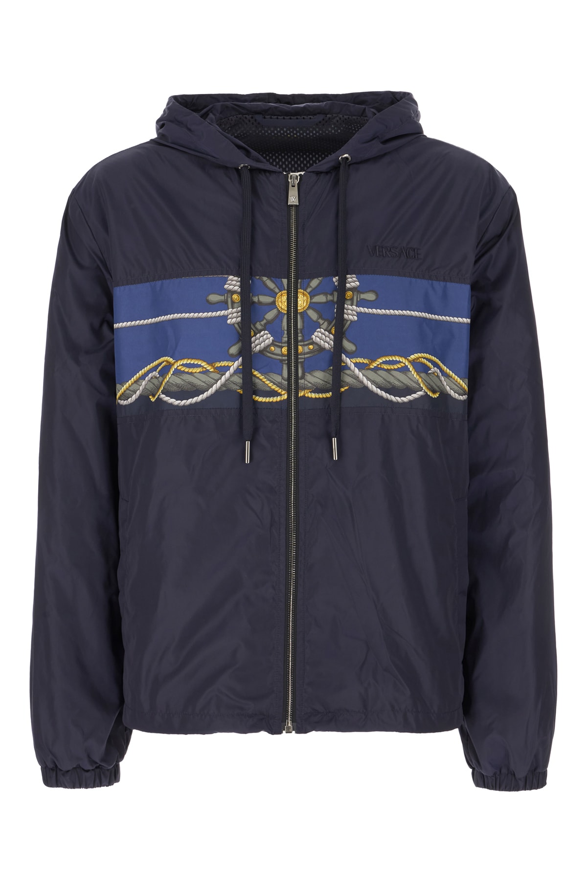 Versace Printed Nylon Bomber Jacket In Blue Gold