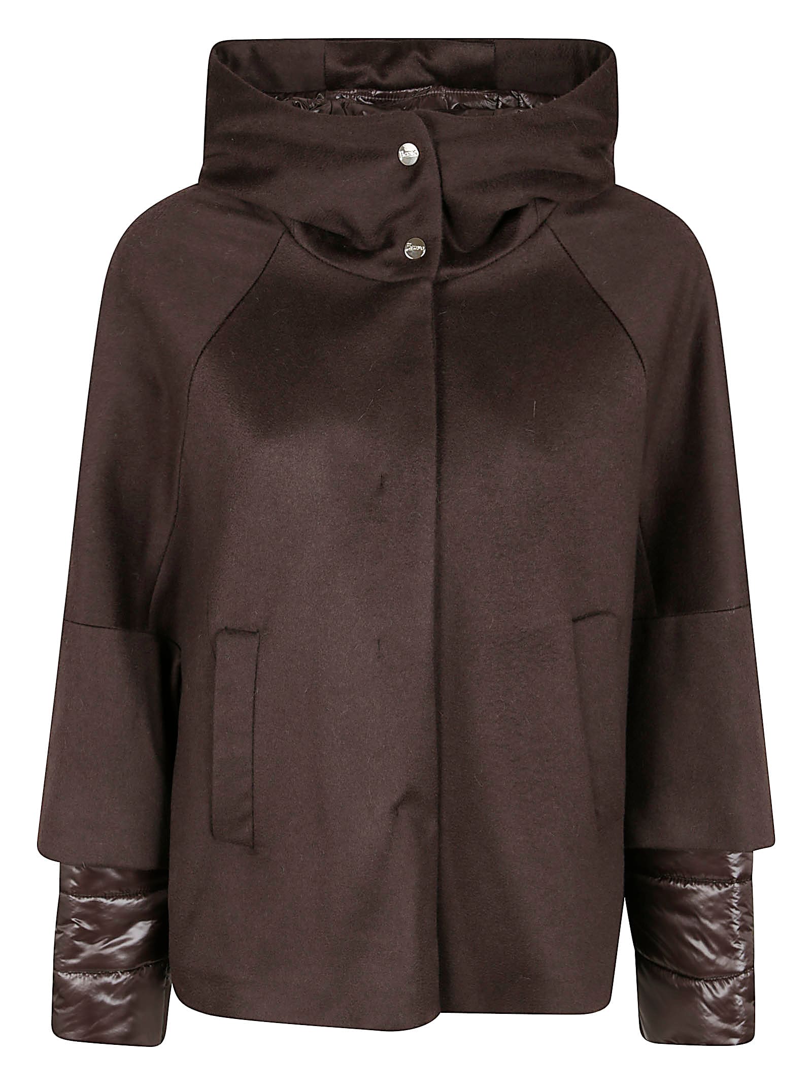 Herno Cashmere Boxy Jacket With High Collar And Snap Closure In Brown