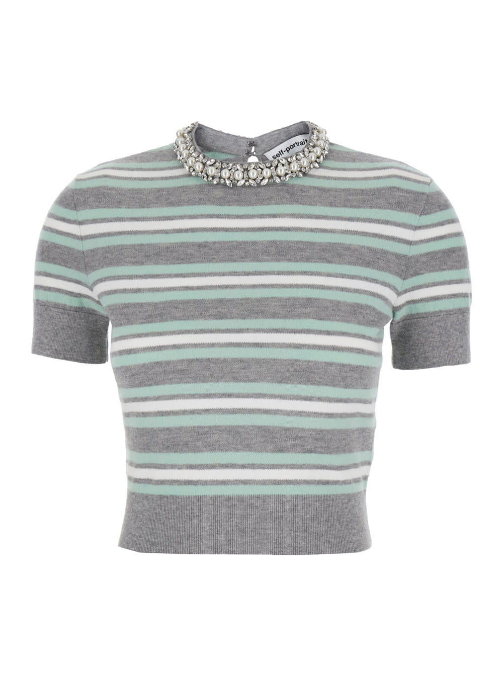 Self-portrait Grey Cropped Top Wih Crewneck With Crystal Embellishments And All-over Striped Motif In Wool Blend W In Multi