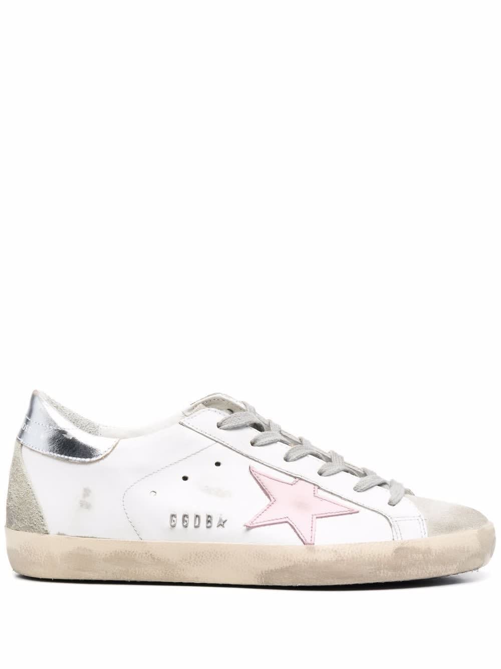 GOLDEN GOOSE SUPER-STAR LEATHER UPPER AND STAR SUEDE TOE AND SPUR LAMINATED HEEL METAL LETTERING