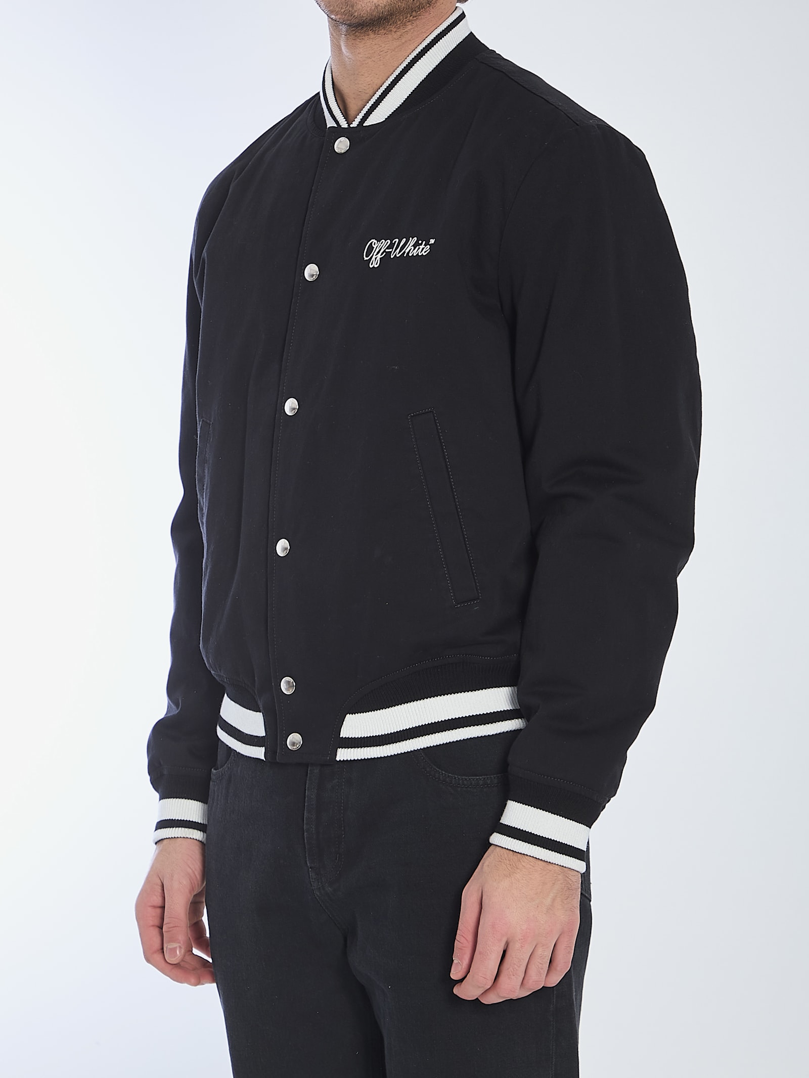 Off-white College Satin Souvenir Bomber Jacket In Black/white
