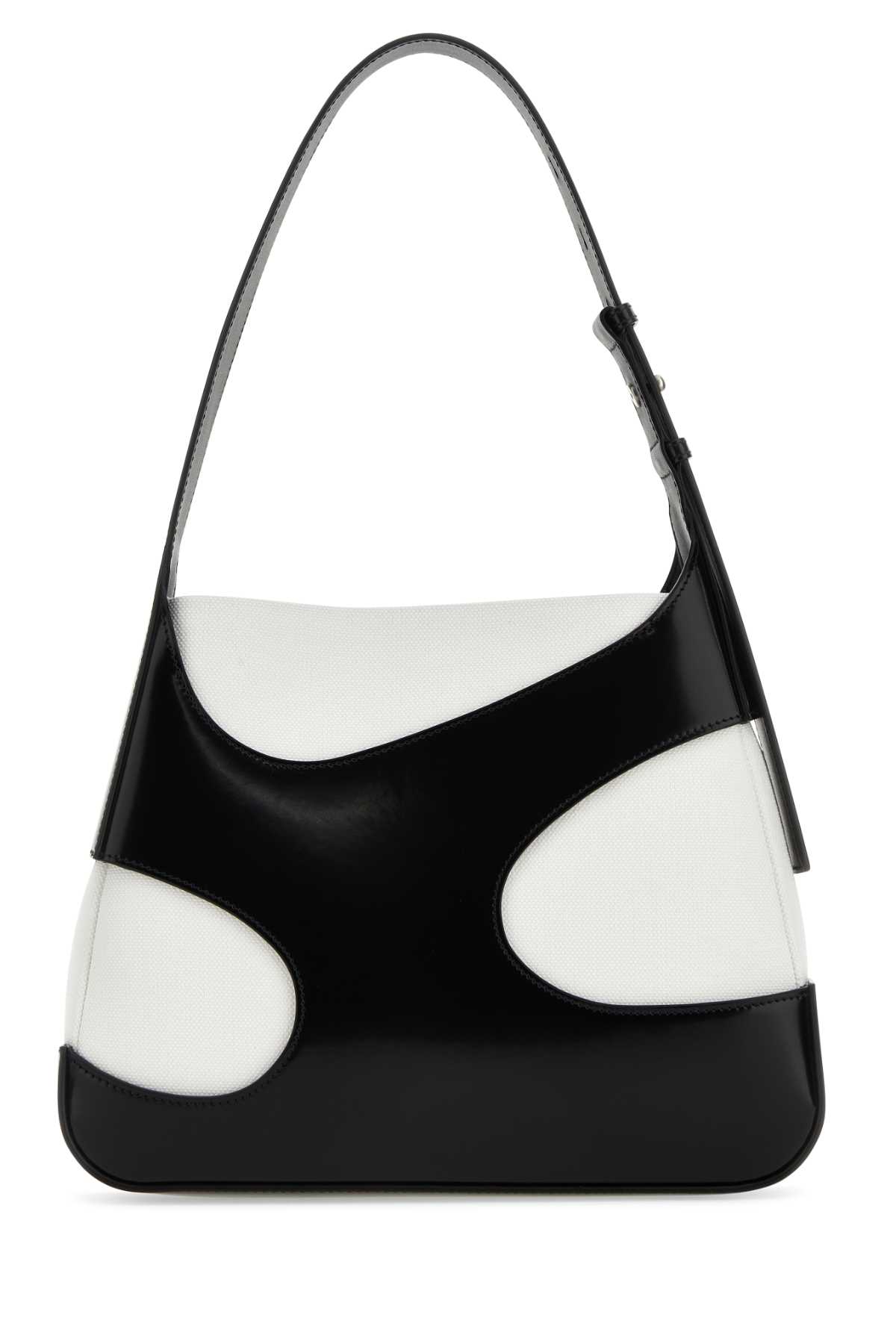 FERRAGAMO TWO-TONE LEATHER AND CANVAS CUT OUT L SHOULDER BAG