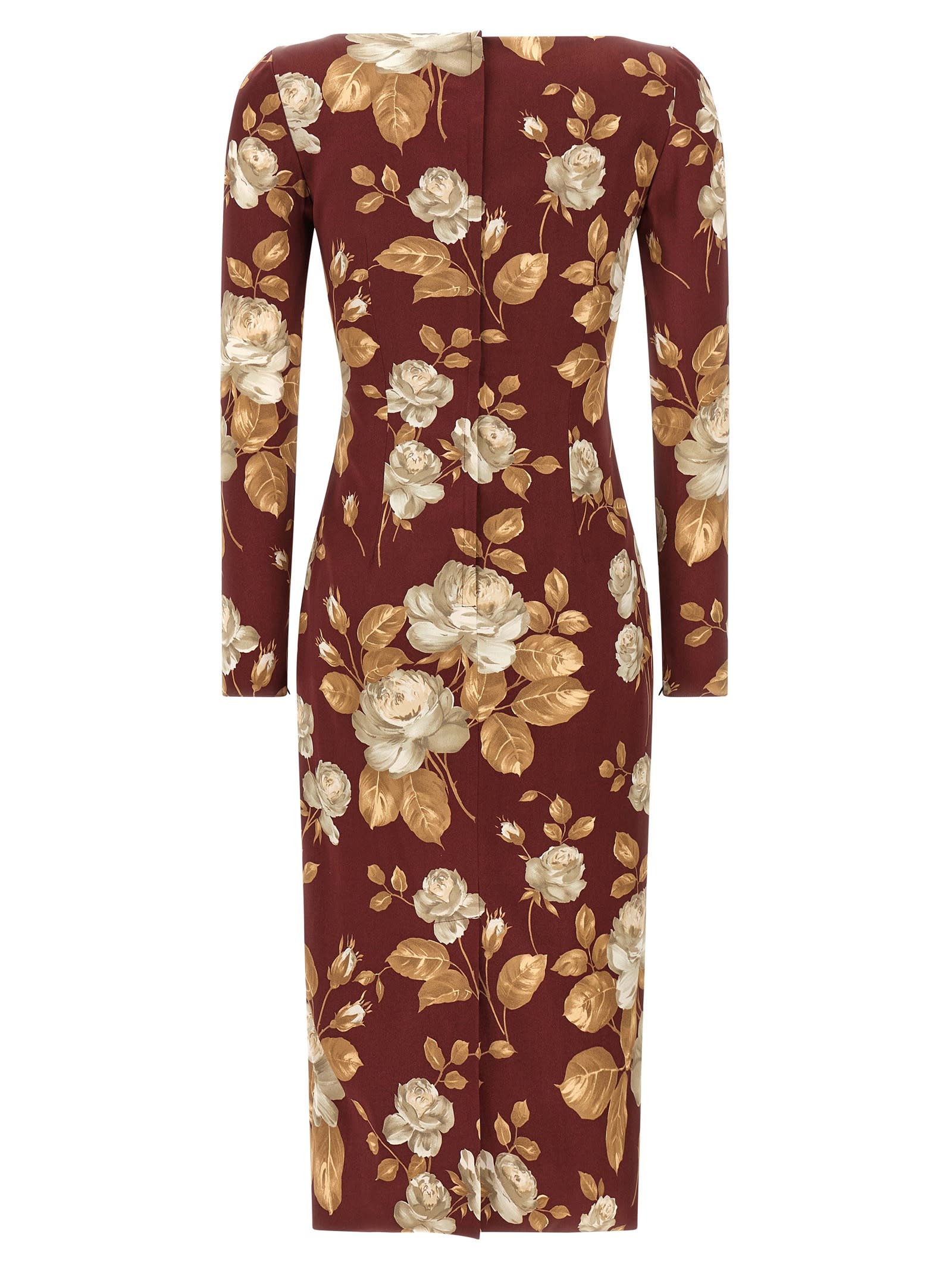 Dolce & Gabbana Floral Pattern Knee-length Dress With Long Sleeves In Brown