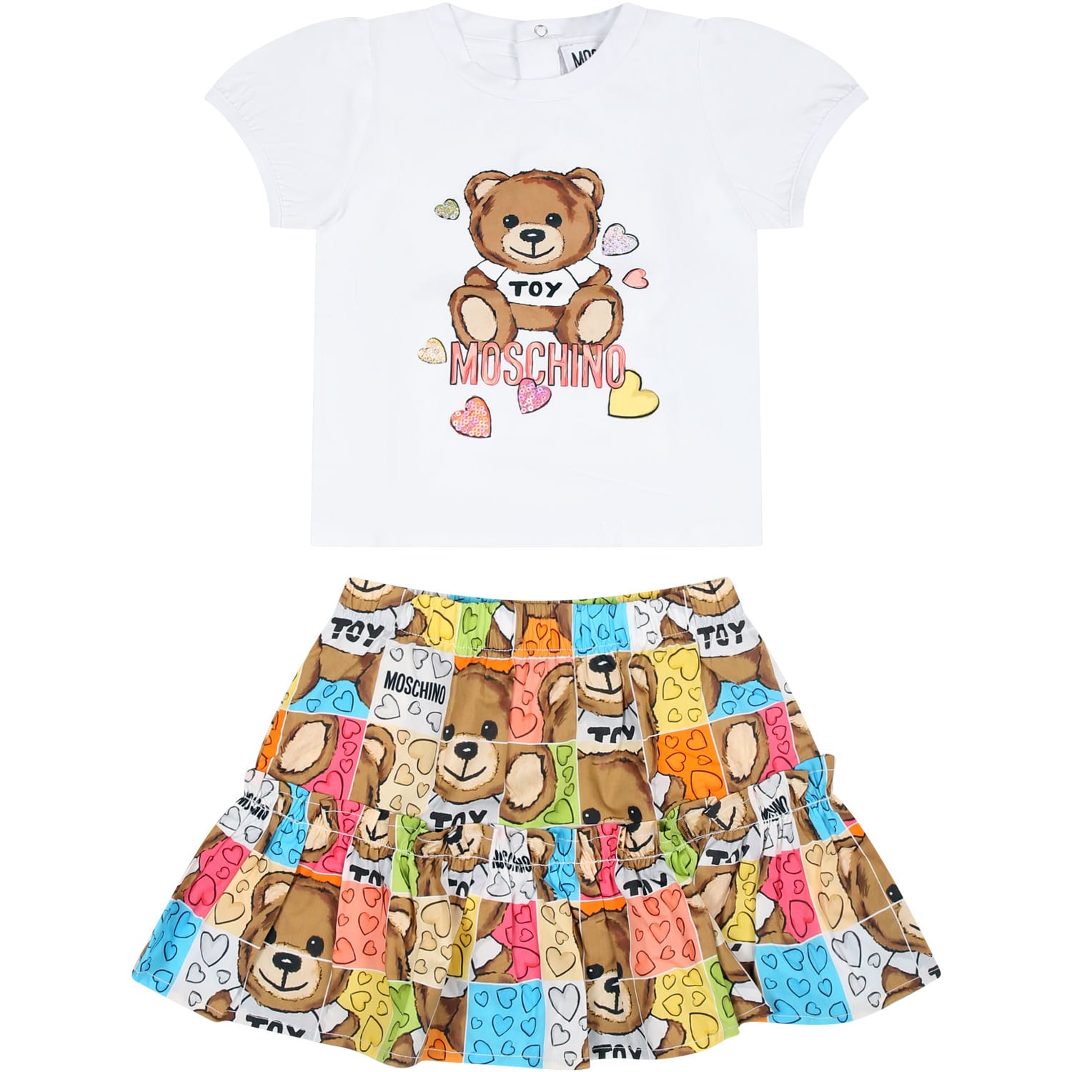 Shop Moschino White Suit For Baby Girl With Teddy Bear And Hearts In Multicolor
