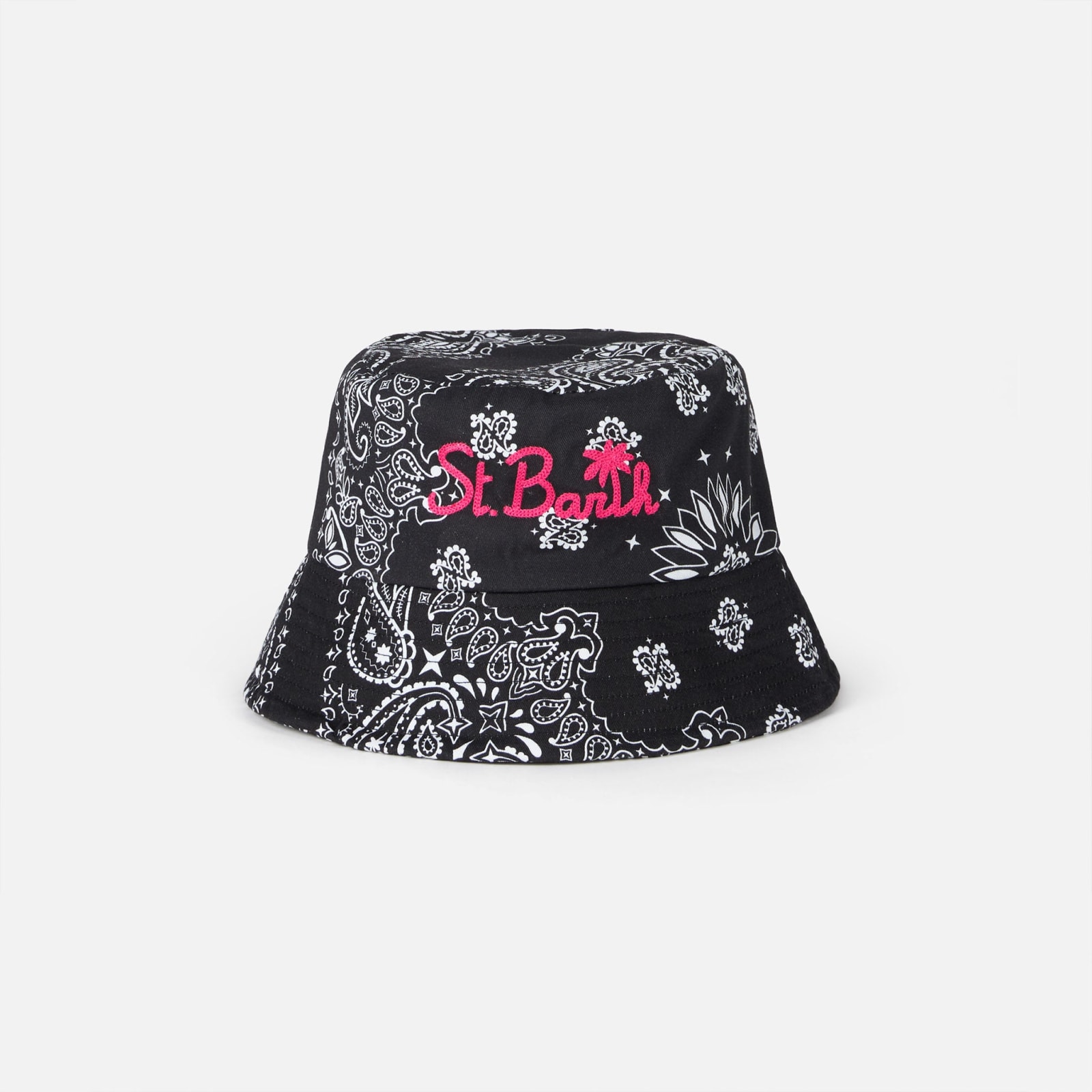 Mc2 Saint Barth Cotton Bucket Hat With Front Embroidery And Bandanna Pattern In Black