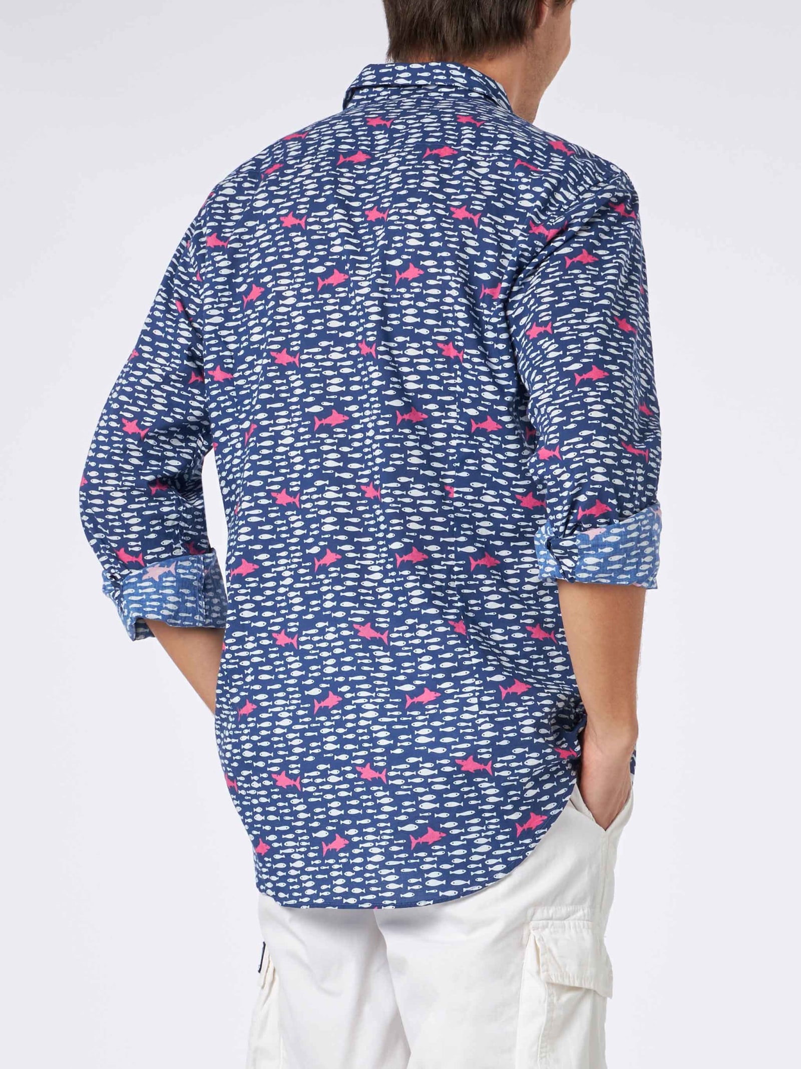 Mc2 Saint Barth Man Muslin Cotton Sikelia Shirt With Fish And Shark Print In Blue