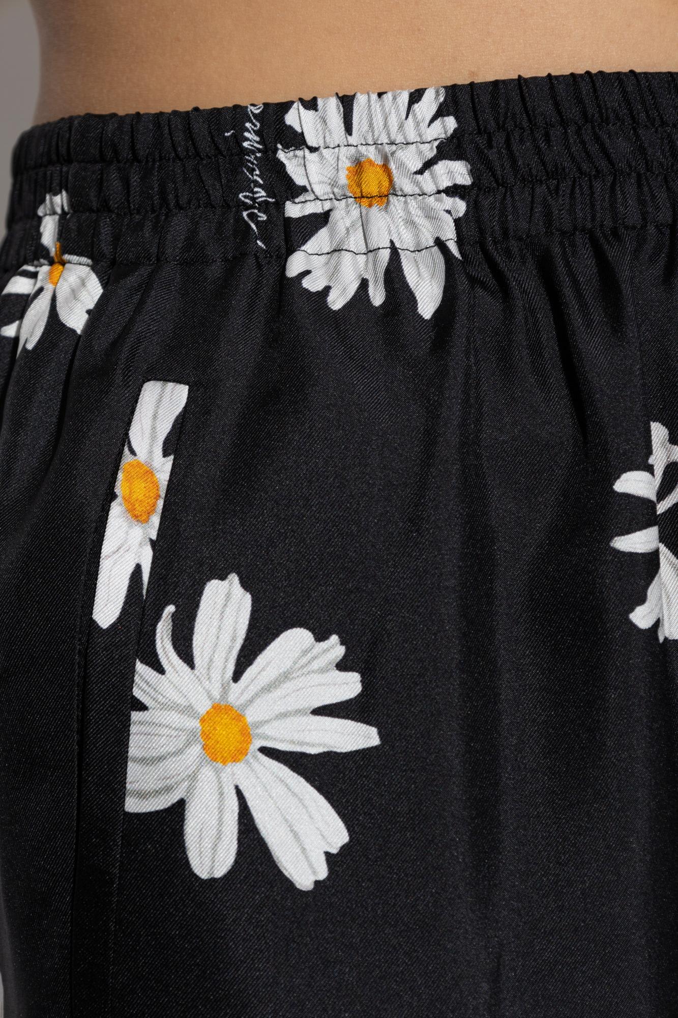 Moschino Black Silk Twill Allover Daisy Trousers In 1555