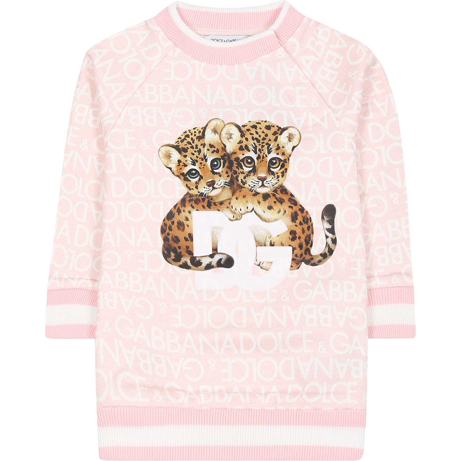 Dolce & Gabbana Pink Sweatshirt For Baby Girl With Leopard Print And Logo