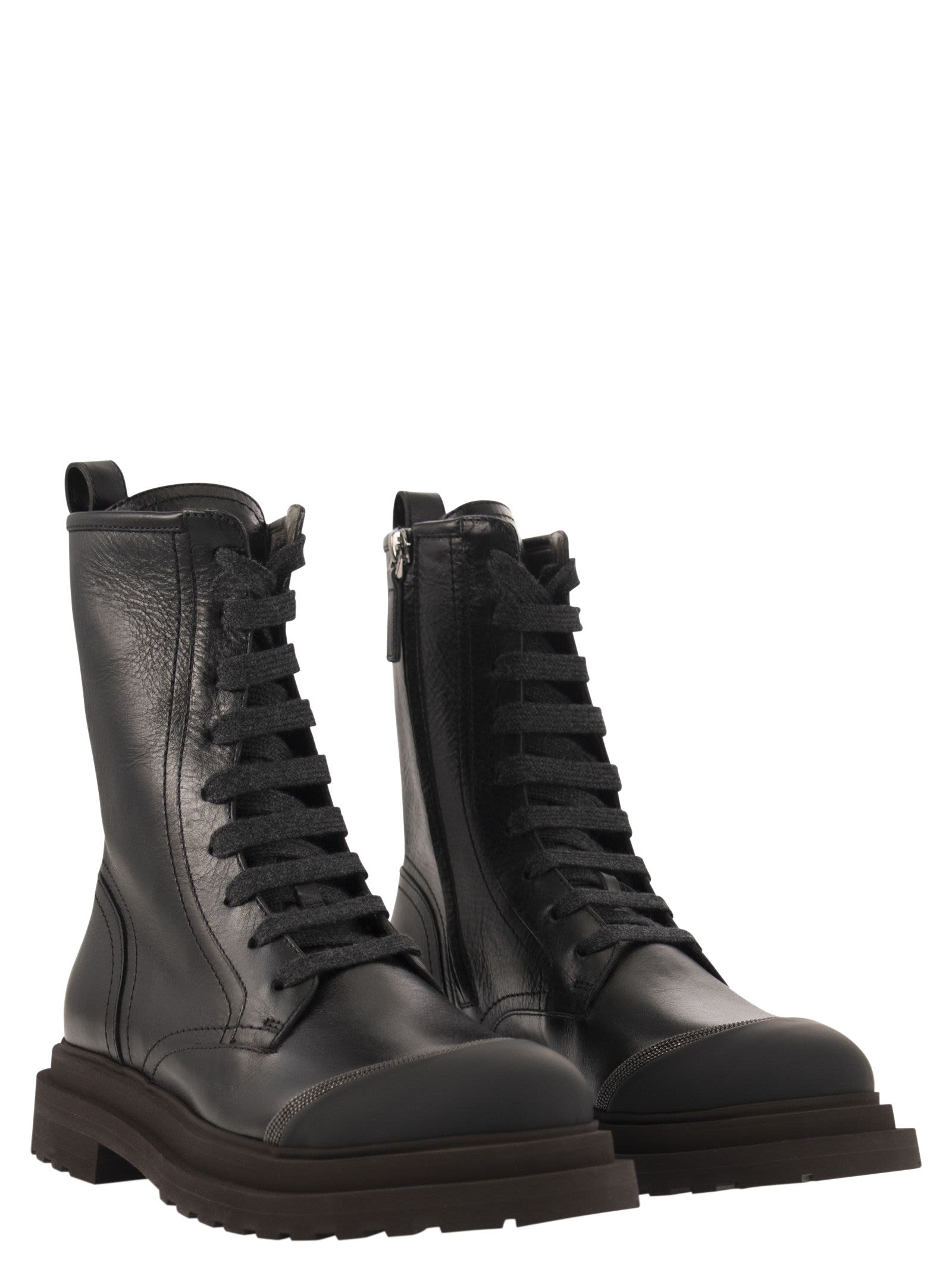 Shop Brunello Cucinelli Leather Boot With Precious Contour In Black