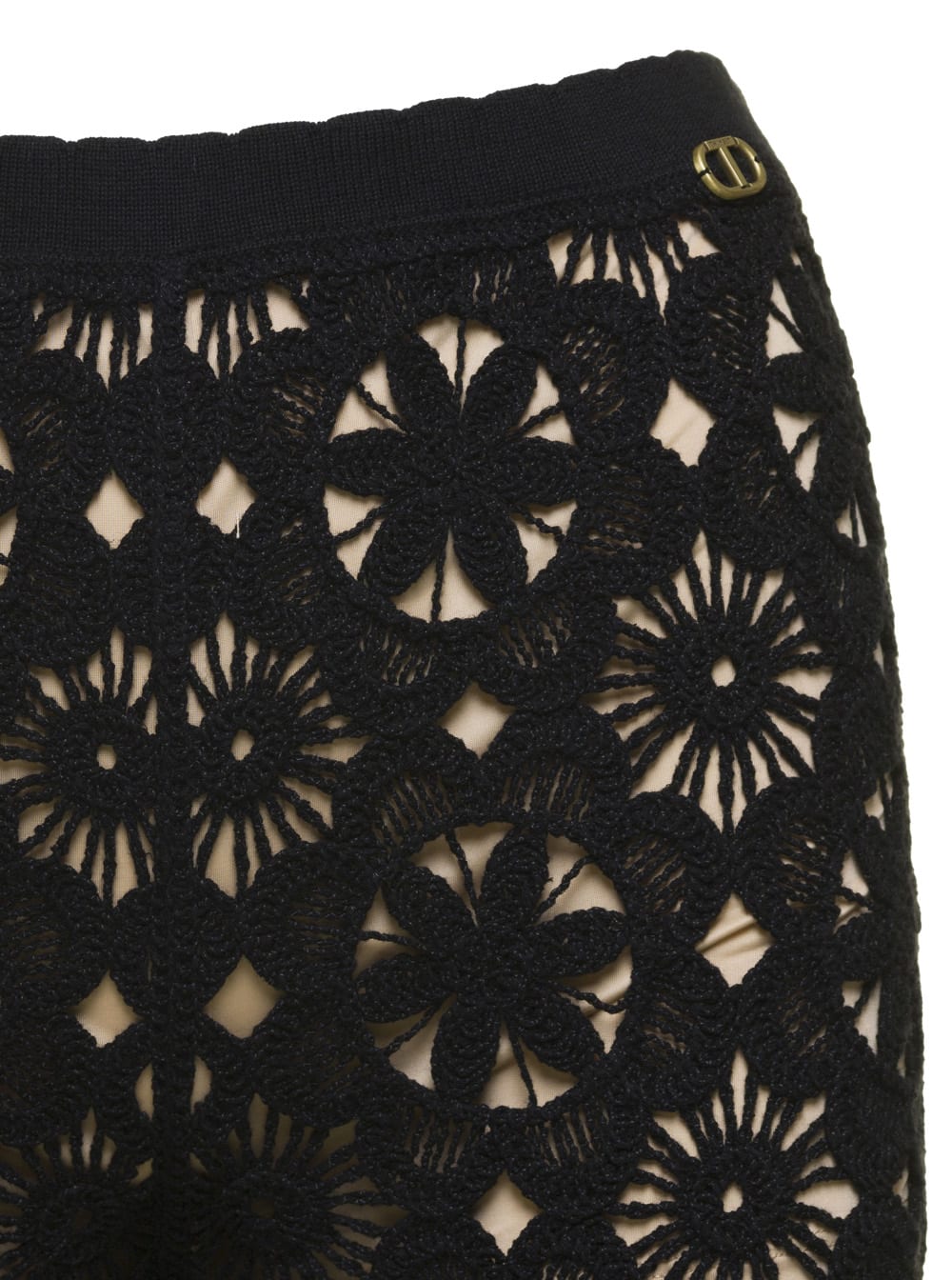 Shop Twinset Black Flared Pants With Crochet Work In Cotton Woman