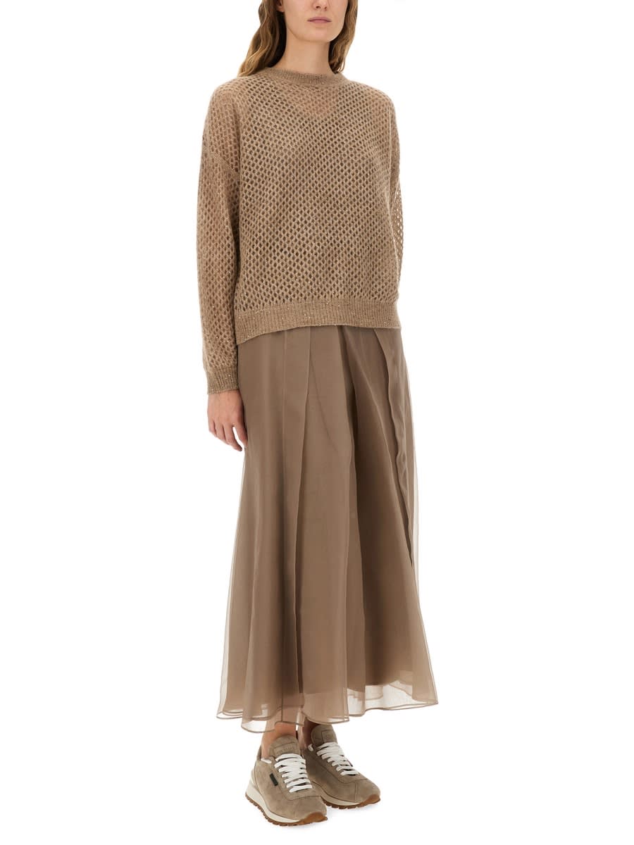 Brunello Cucinelli Net Sweater With Crew Neck And Open-knit Design In Brown