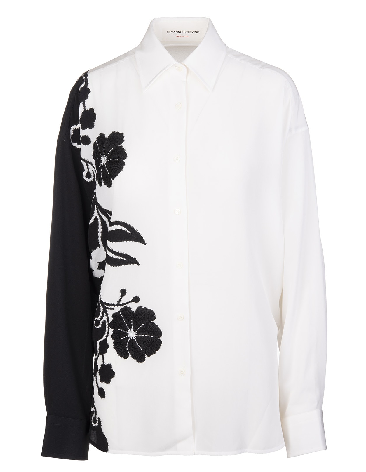Ermanno Scervino White Silk Oversize Shirt With Embroidered Floral Inlays