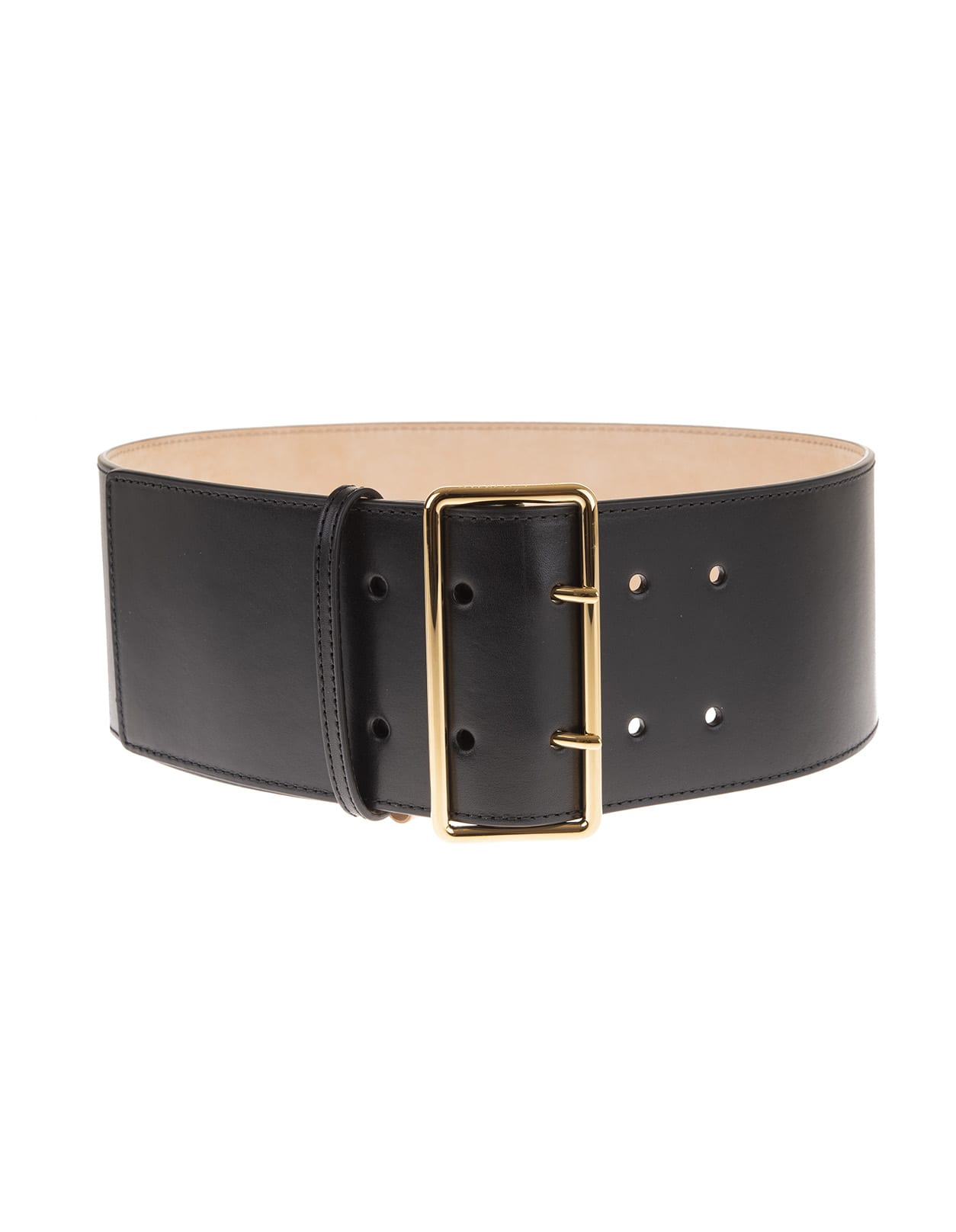 Alexander McQueen Woman Black Smooth Leather Belt With Maxi Golden Buckle