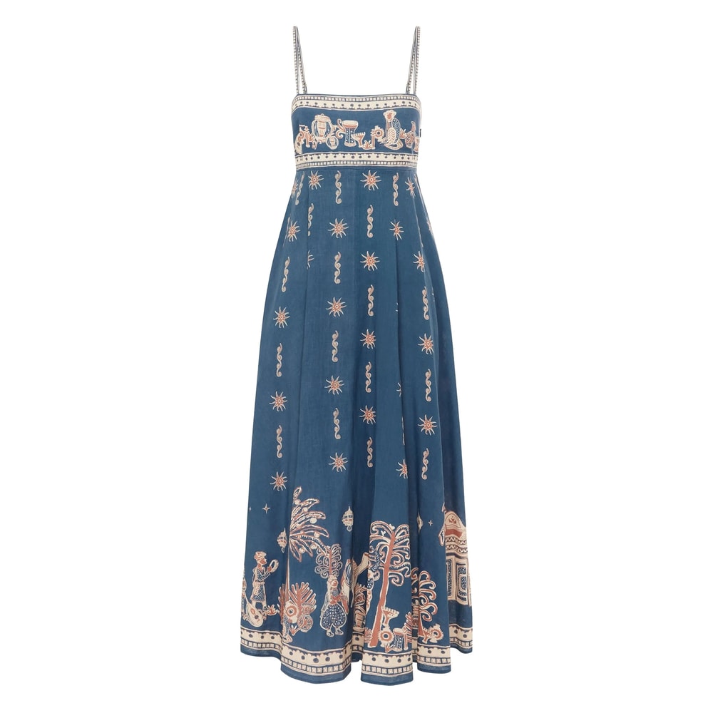 Alemais Acacia Printed Linen Midi Dress In Blue
