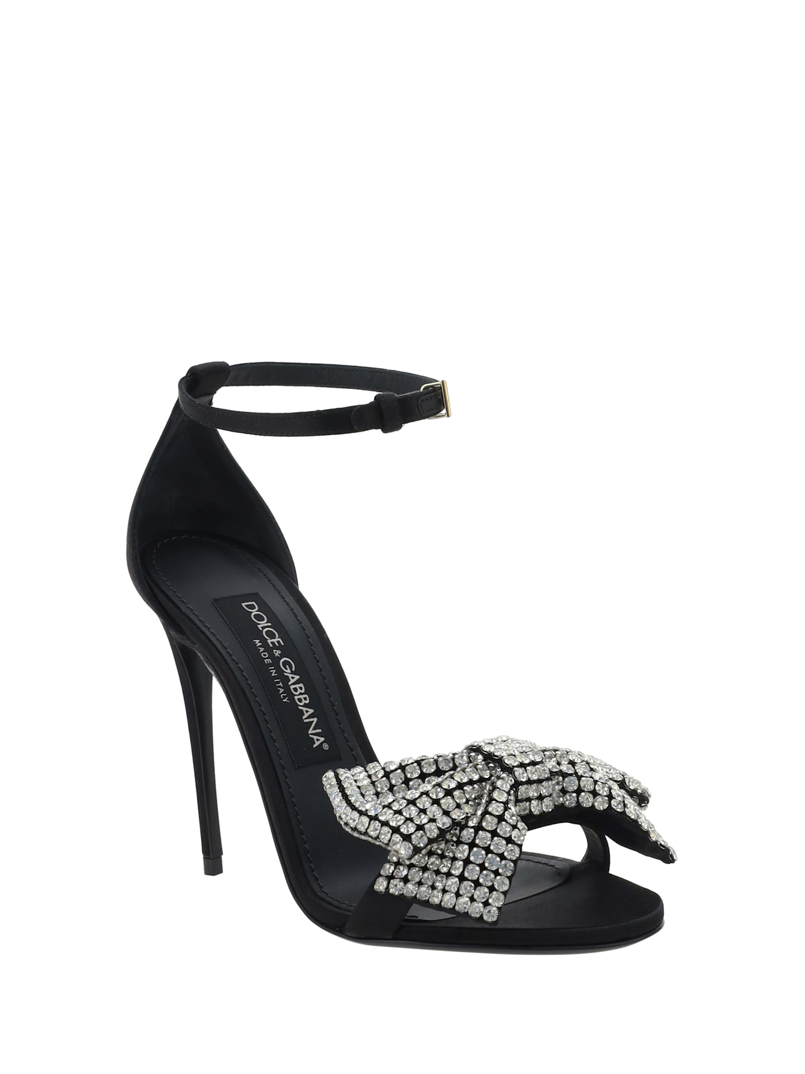 Shop Dolce & Gabbana Heeled Sandals With Decorative Bow In Nero/crystal