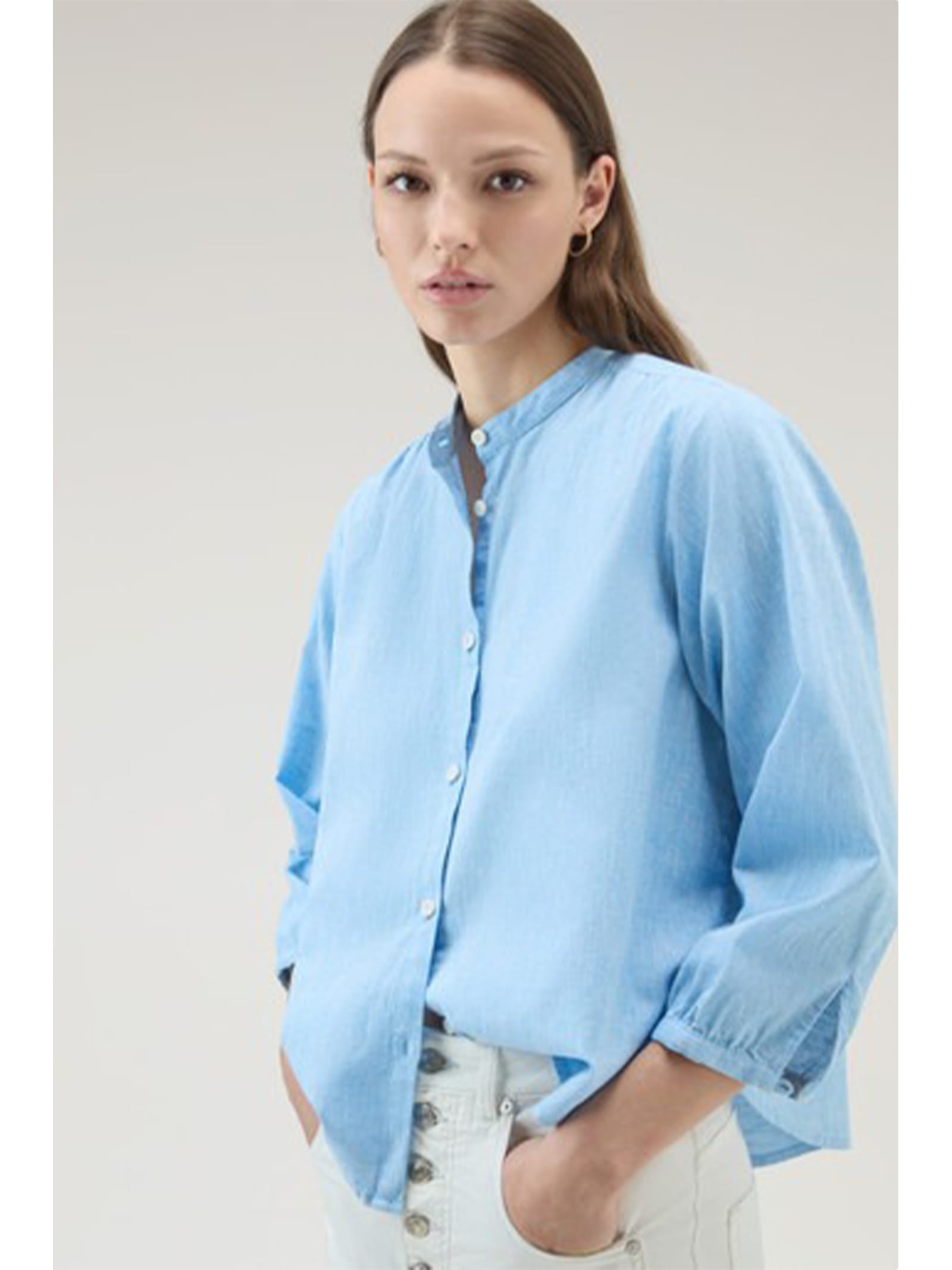 Shop Woolrich Light Blue Long-sleeved Linen Shirt In Sea Breeze