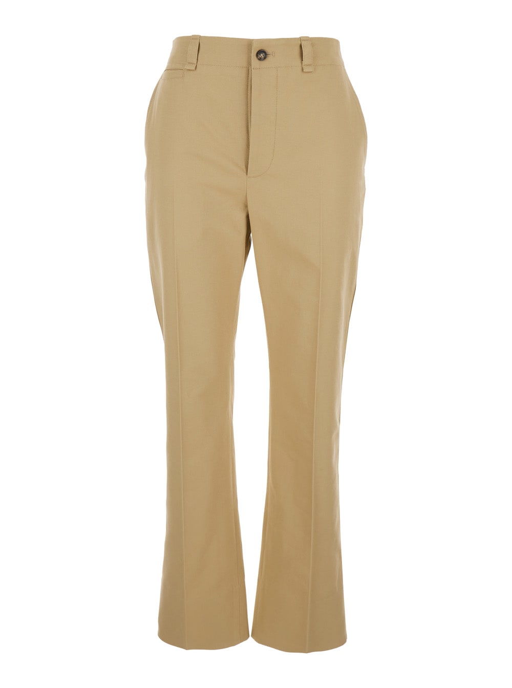 Shop Saint Laurent Beige Straight Pants With A Button In Cotton Woman
