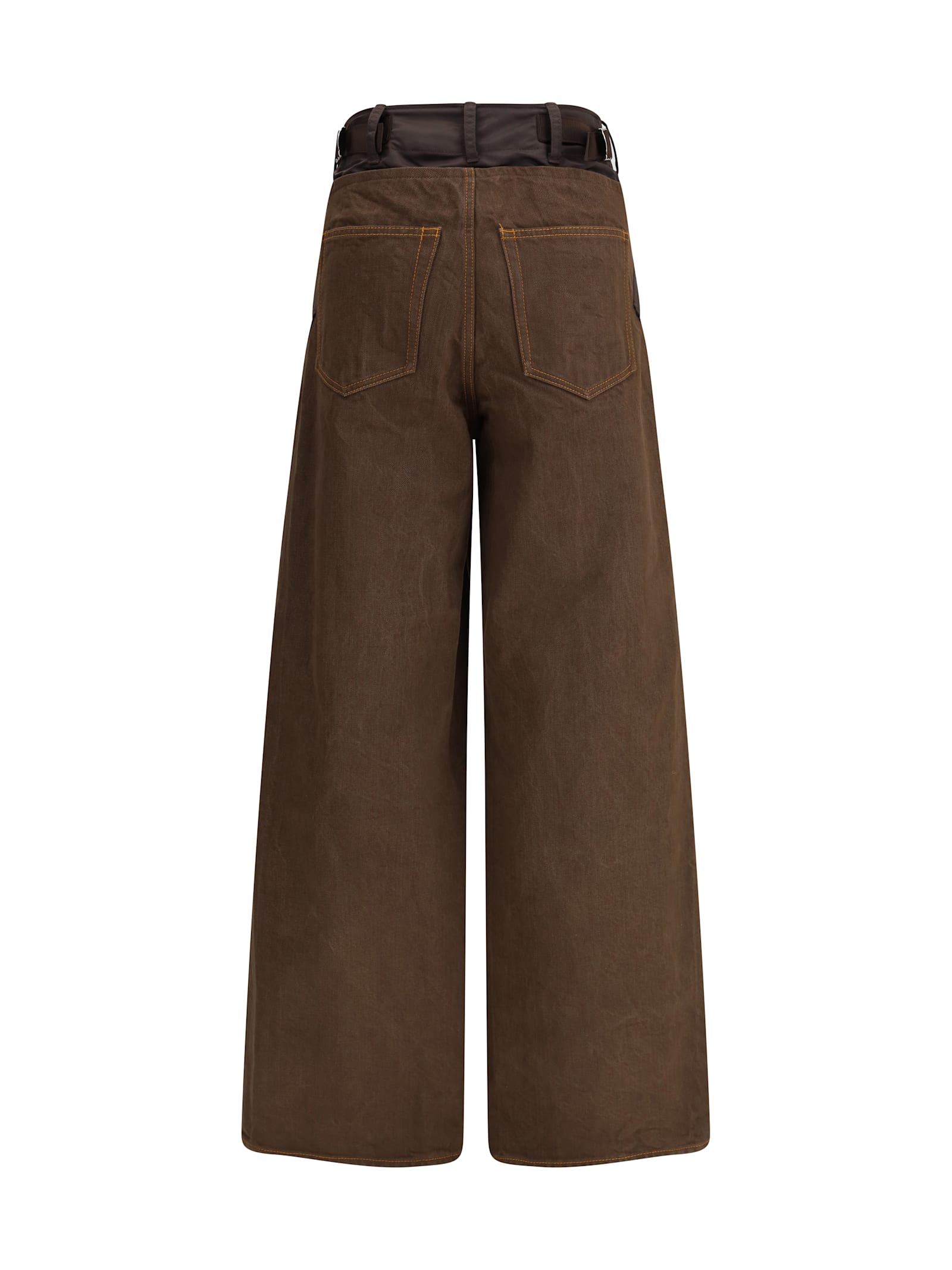 Sacai Nylon And Denim Jeans In Brown