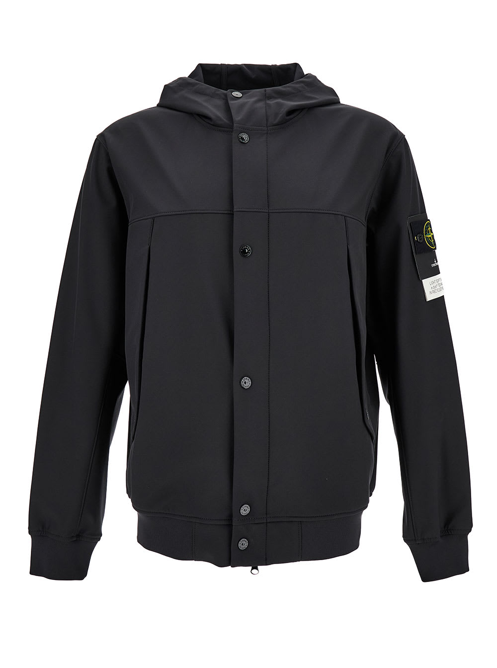 Stone Island Black Hooded Jacket With Logo Patch In Stretch Nylon Man