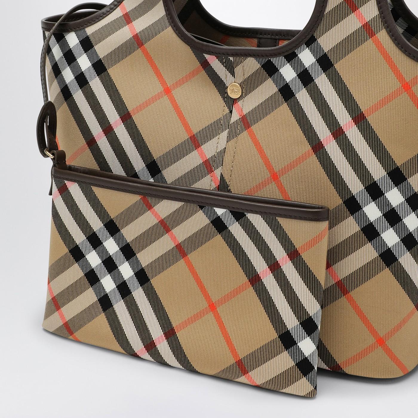 Shop Burberry Beige Check Pattern Small Tote Bag In Sand