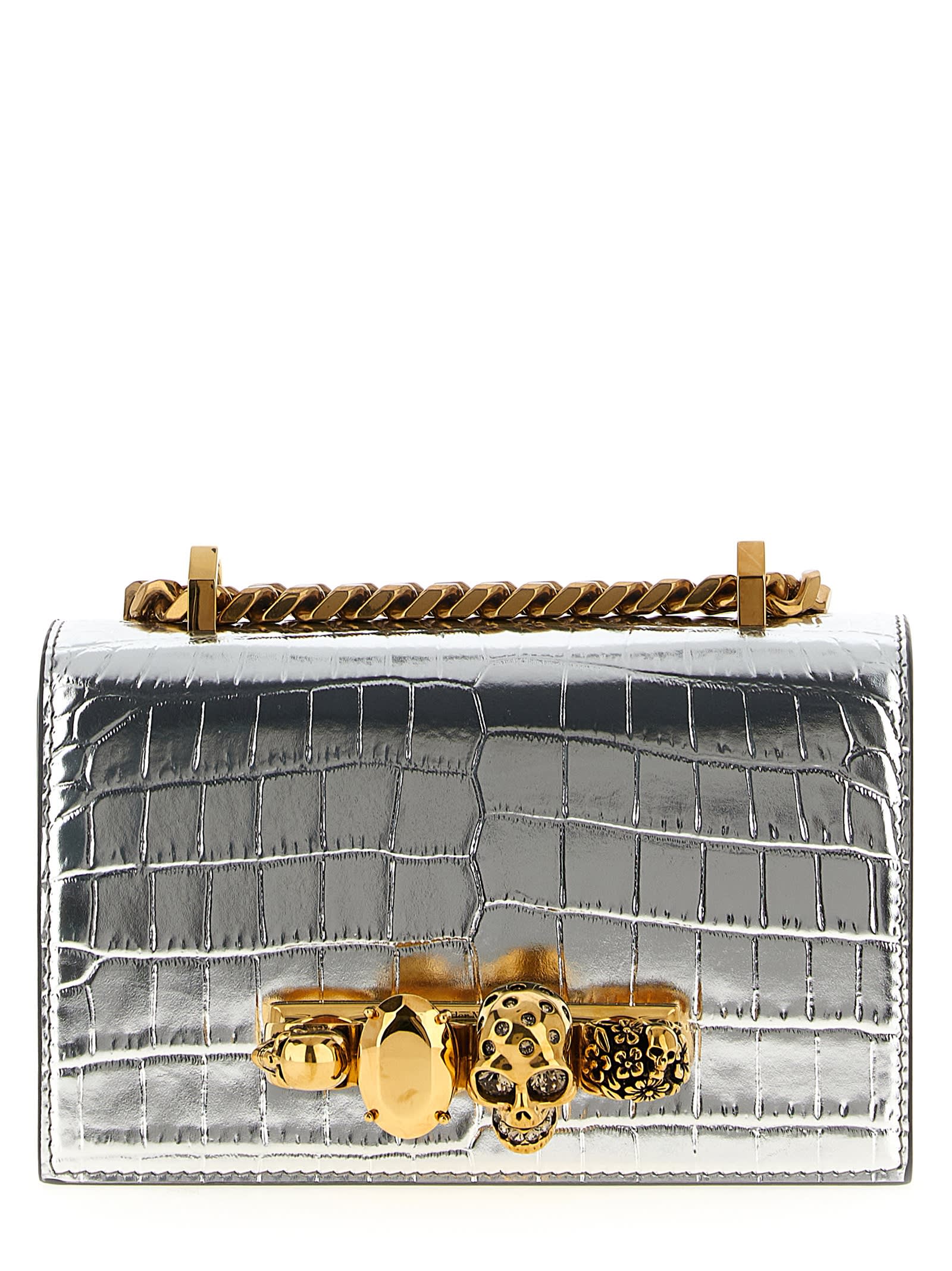 Alexander Mcqueen Jewelled Satchel Mini Crossbody Bag In Silver