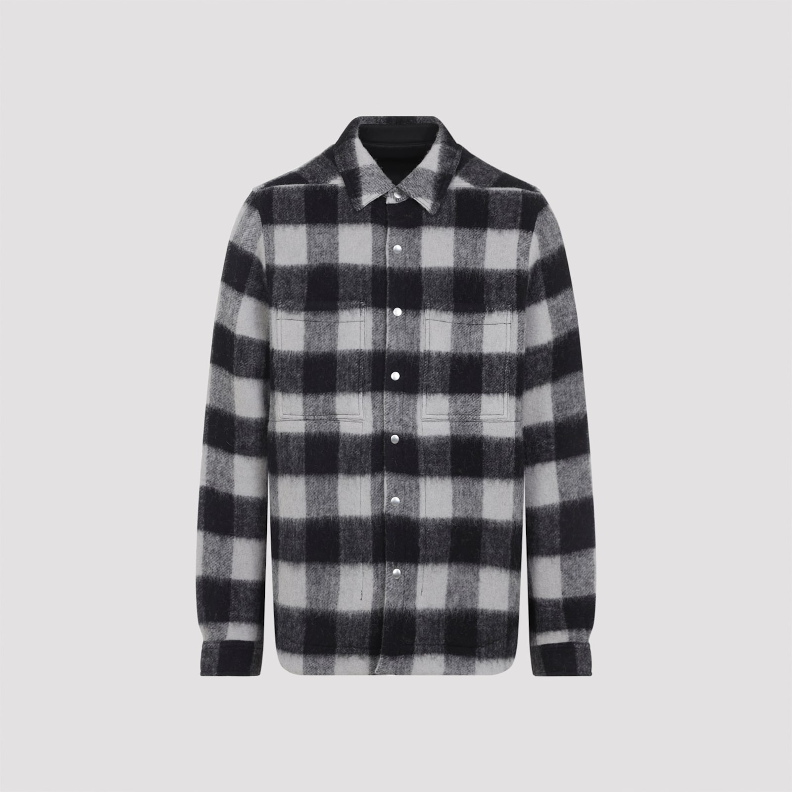 Rick Owens Virgin Wool Check Overshirt In Black