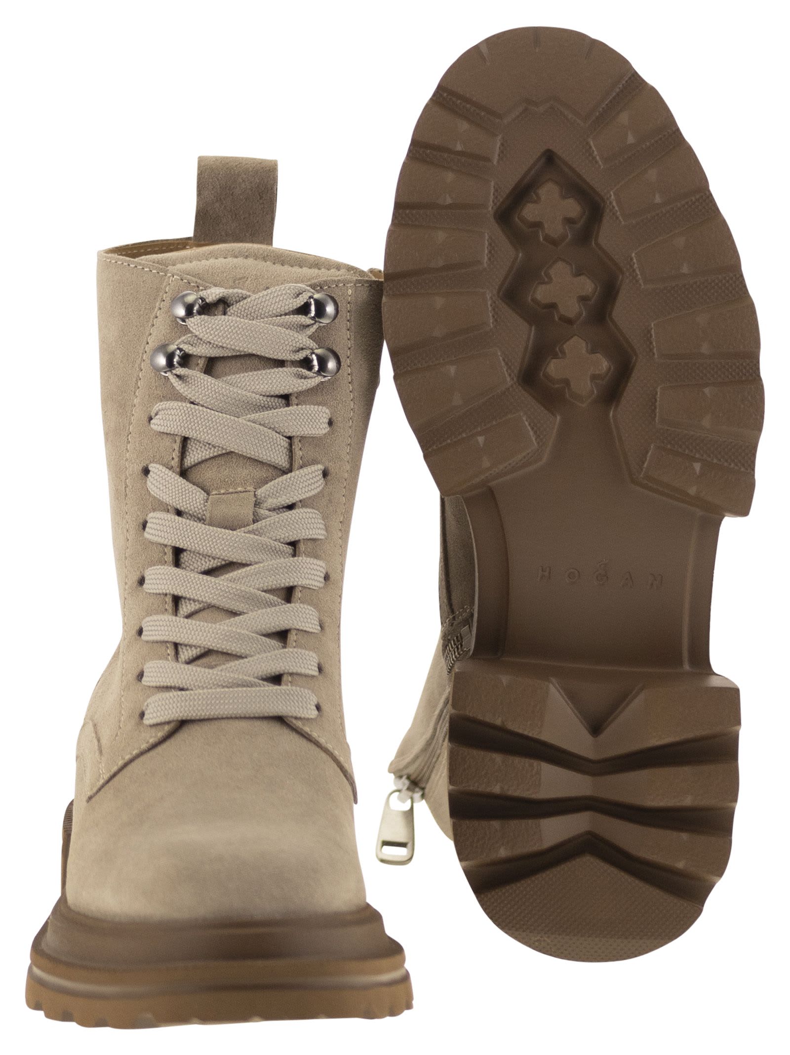 Shop Hogan H674 - Suede Lace-up Boot In Beige