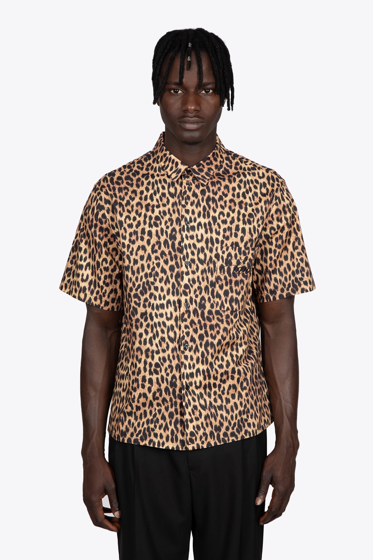 Laneus Camicia M/c Animalier Leopard printed cotton shirt with short sleeves