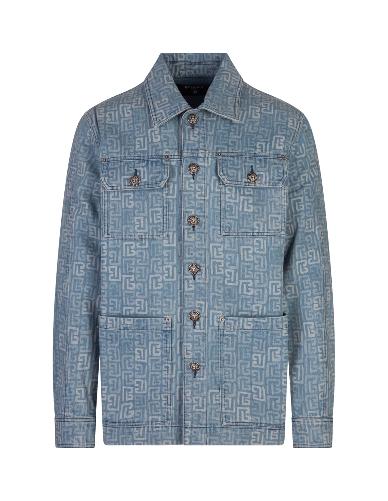 BALMAIN MEDIUM BLUE DENIM JACKET WITH MONOGRAM PATTERN 