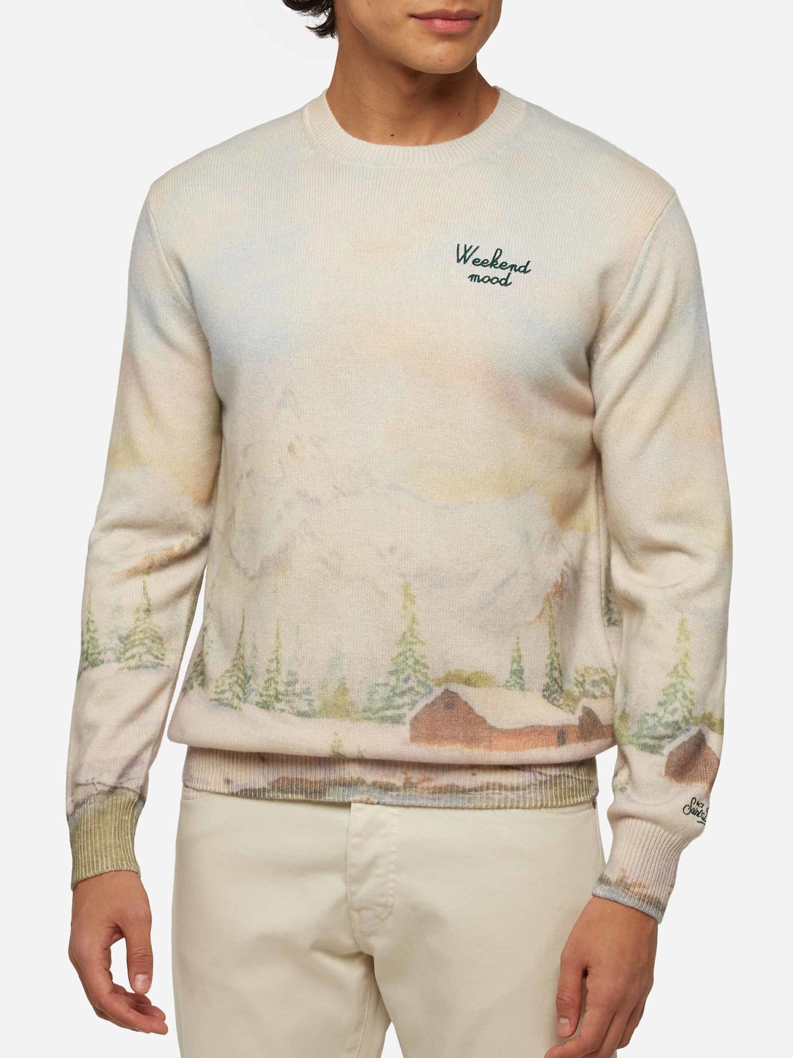 Crewneck Sweater Heron With Landscape Print And Weekend Mood Embroidery