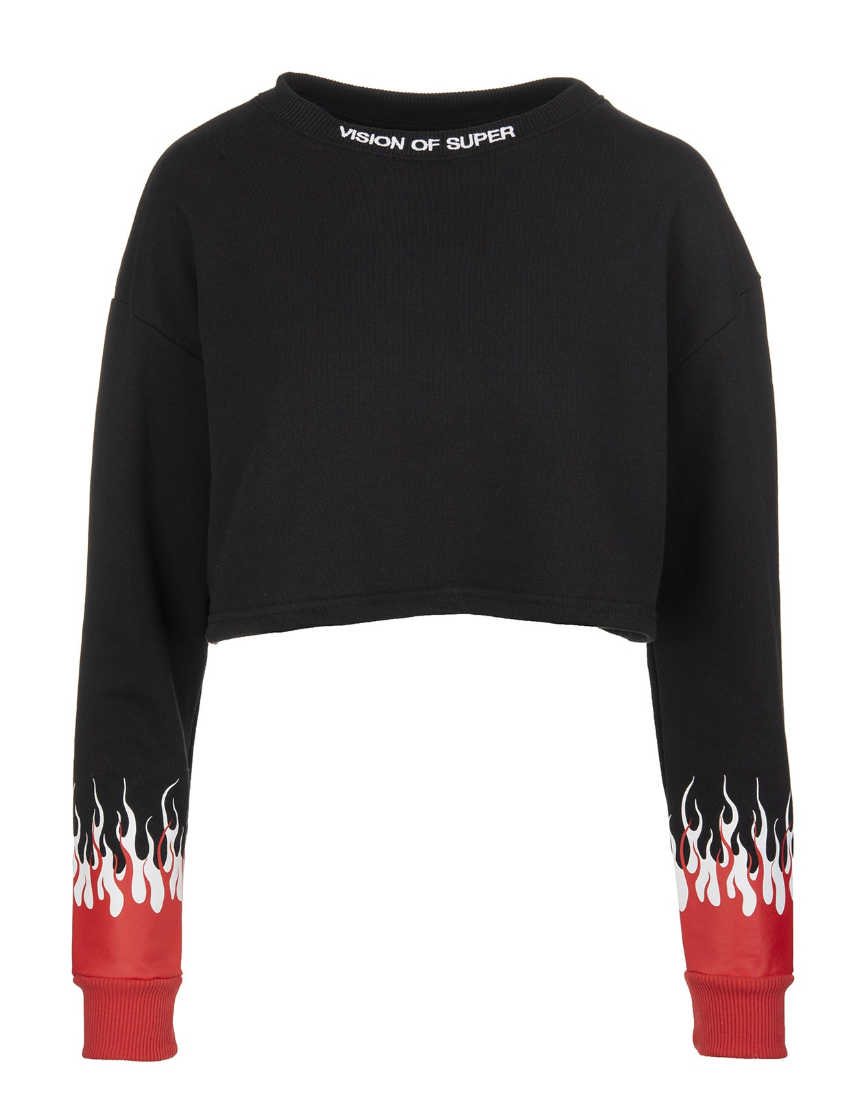 Vision of Super Woman red Double Flames Black Cropped Sweatshirt