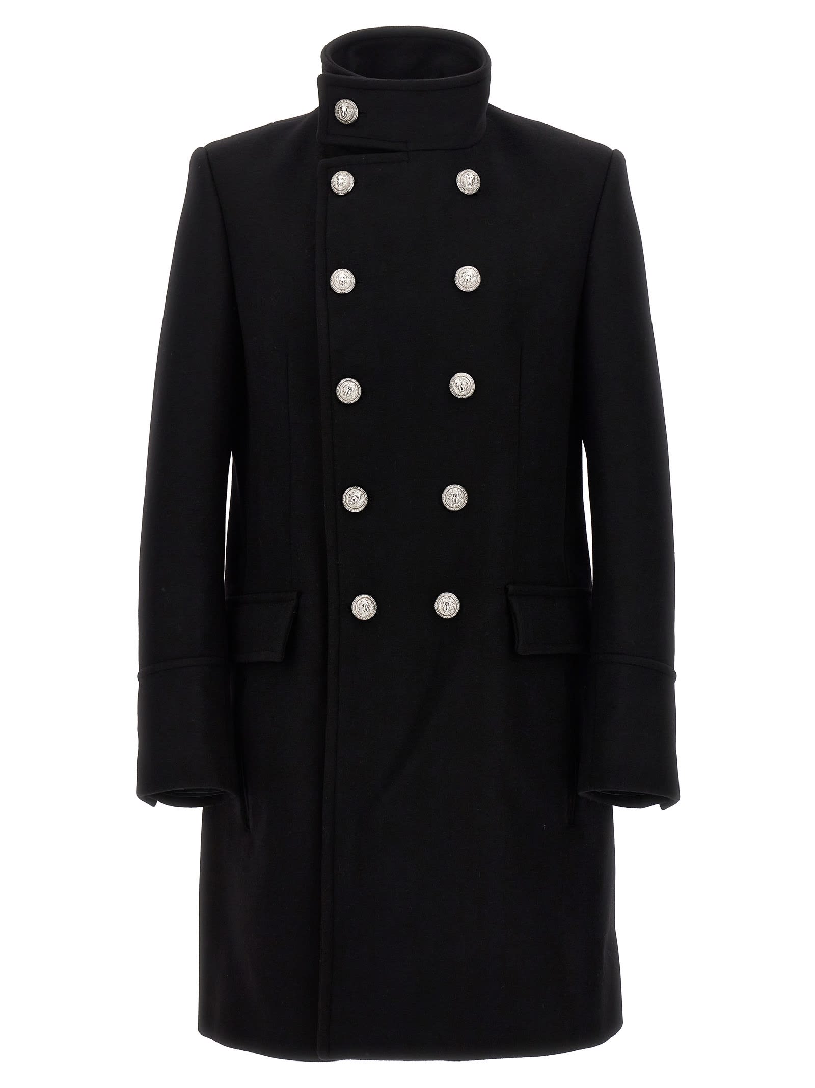 Shop Balmain Officier Wool Coat In Black