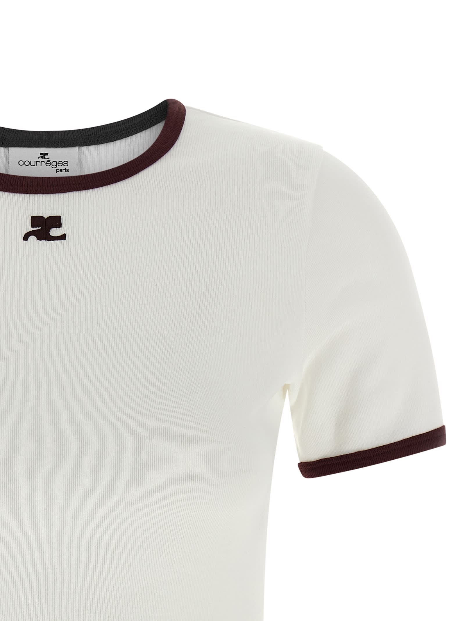 Courrèges Cotton T-shirt With Black Trim And Front Logo In White