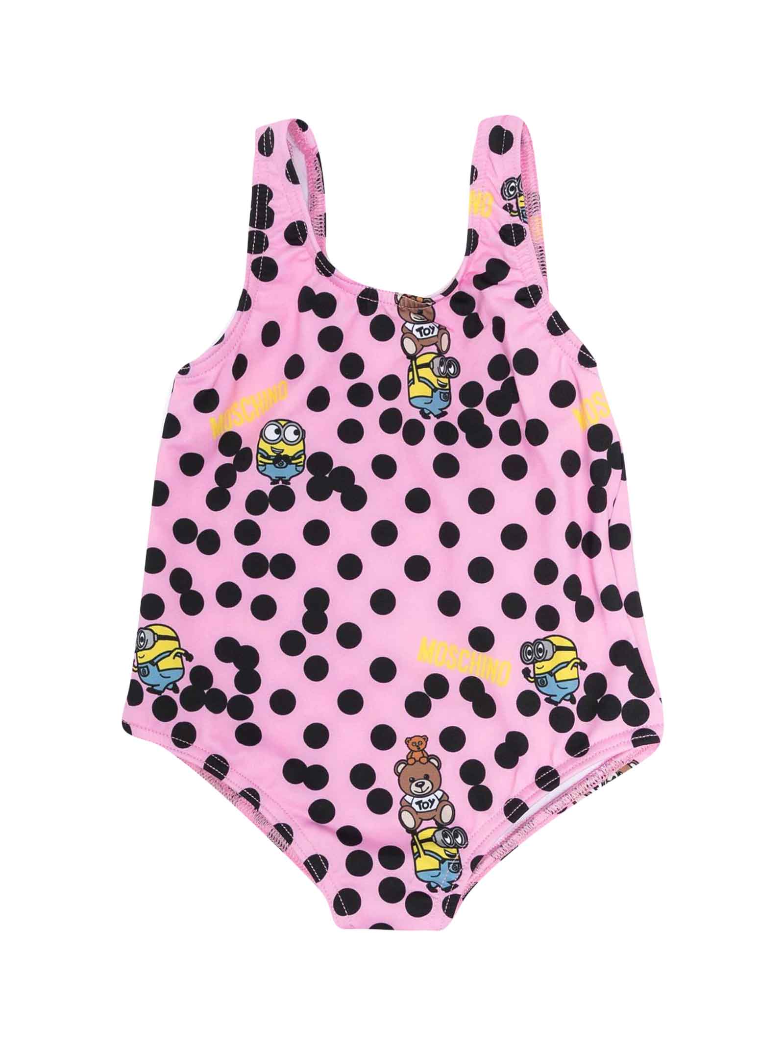 Moschino Pink Baby Girl Swimsuit, With Teddy Bear And Minions Motif, All-over Print By.