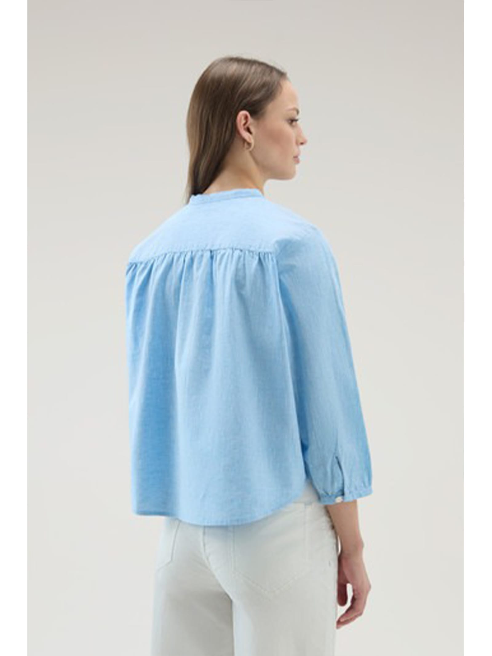 Shop Woolrich Light Blue Long-sleeved Linen Shirt In Sea Breeze