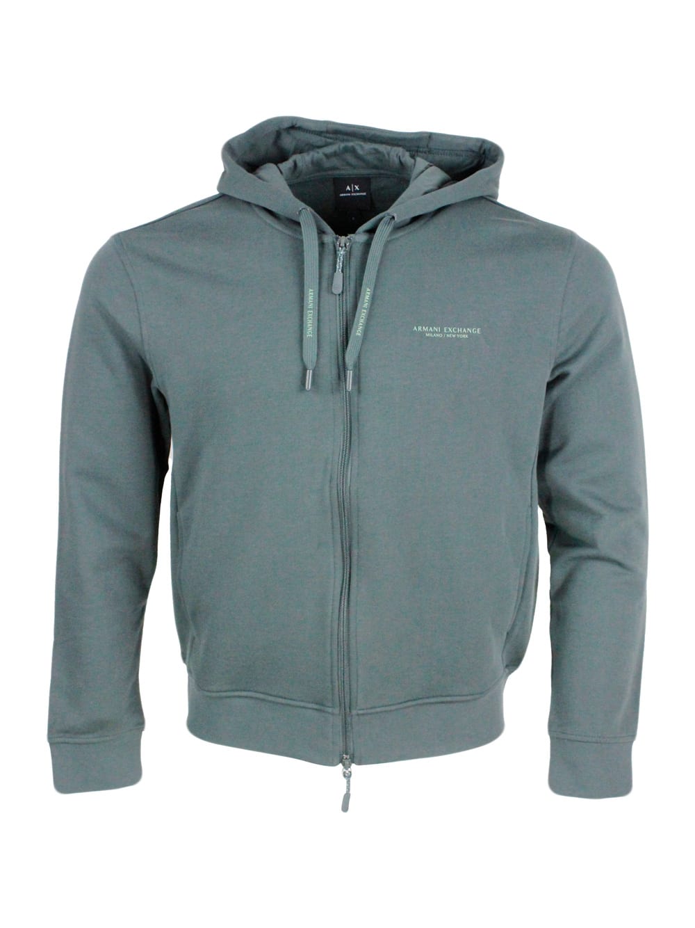 Armani Collezioni Long-sleeved Full Zip Drawstring Hoodie With Small Logo On The Chest In Green