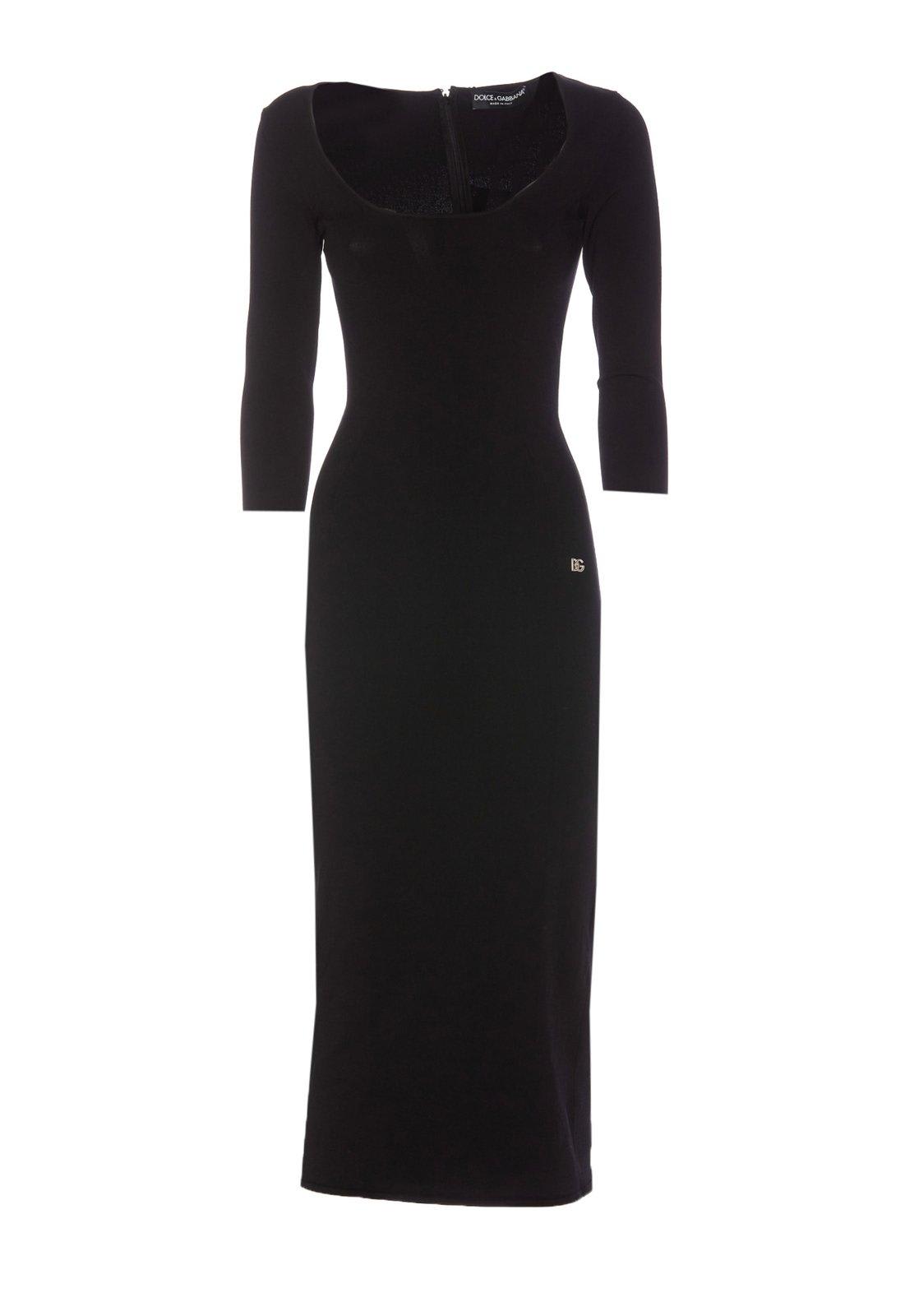 Shop Dolce & Gabbana Logo Plaque Scoop Neck Midi Dress In Black