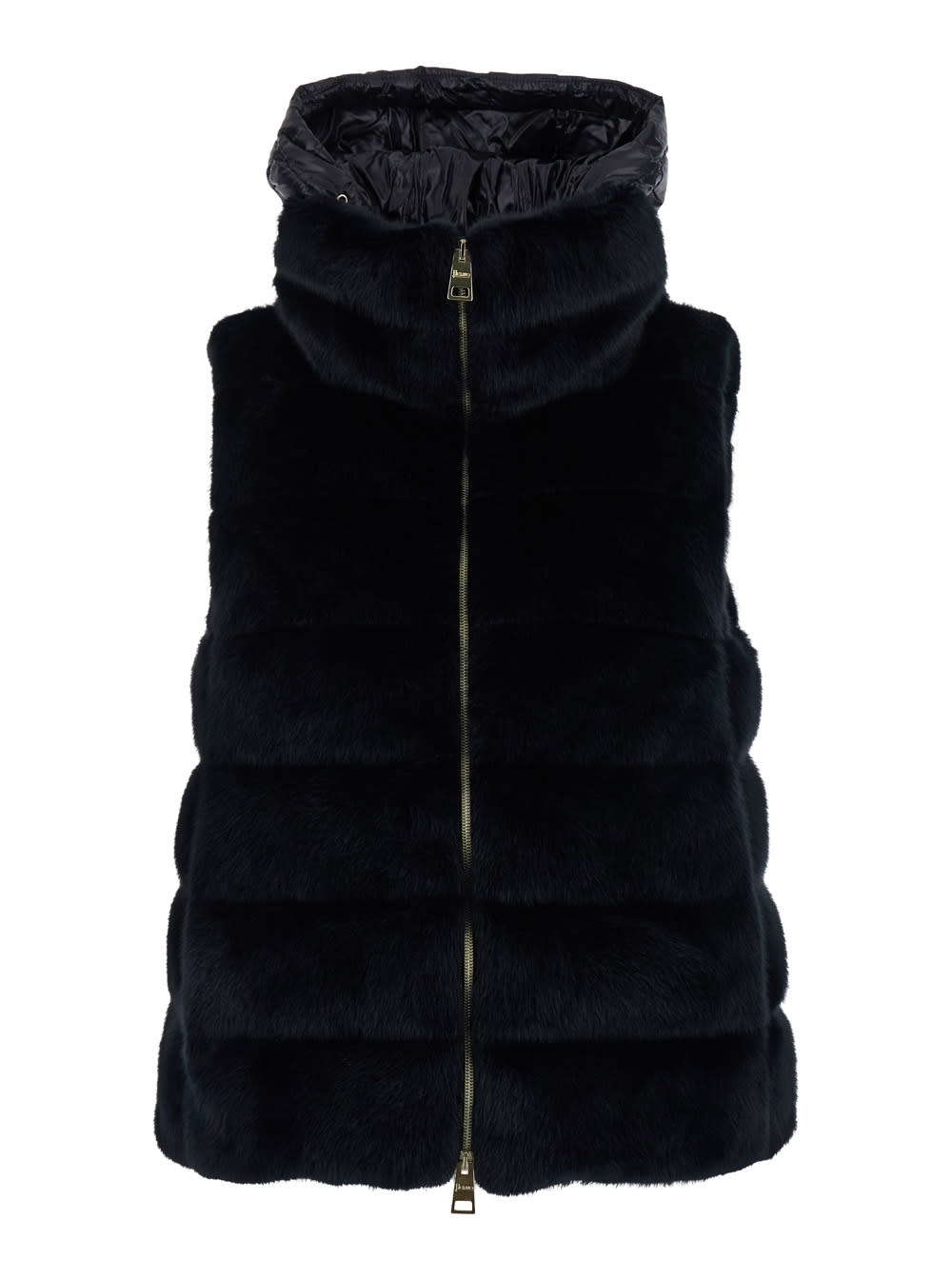 Shop Herno Black Sleeveless Down Jacket With Detachable Hood In Faux Fur Woman