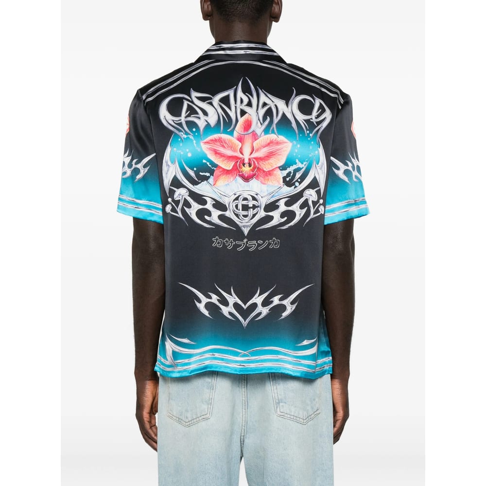 Casablanca Black Blades Short Sleeve Silk Satin Shirt In Multi
