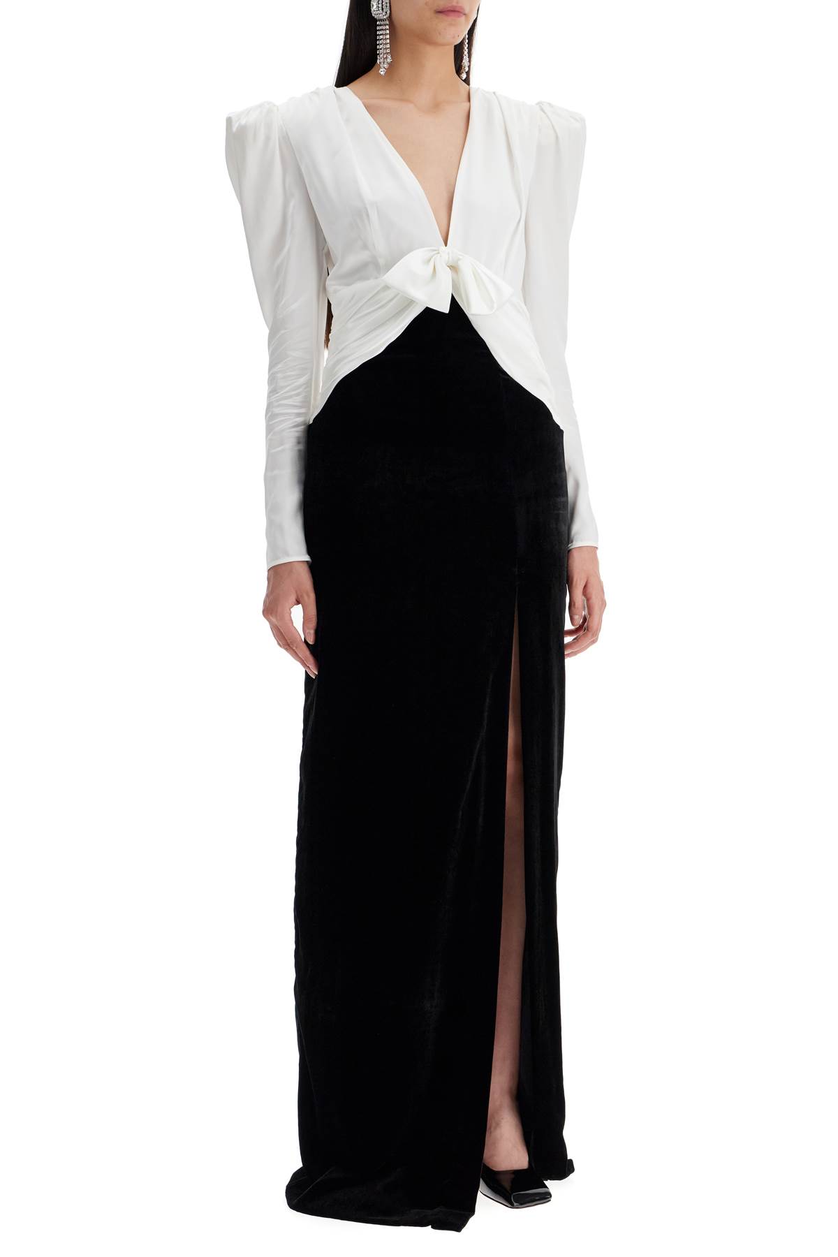 Shop Alessandra Rich Long Silk And Velvet Dress In Black-white (white)