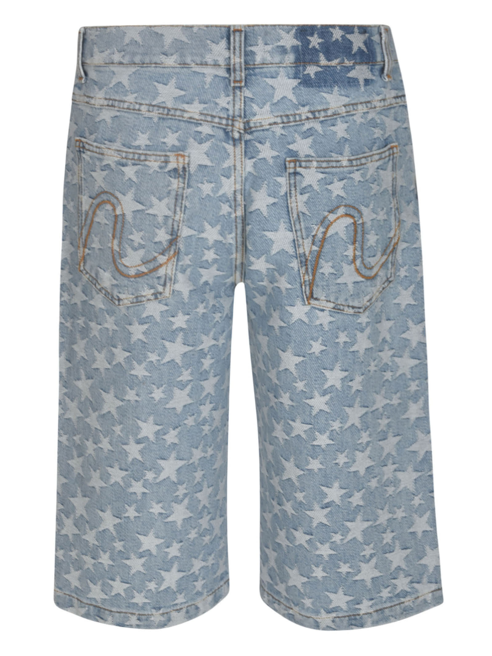 Shop Erl Star Printed Denim Knee Shorts In Light Blue
