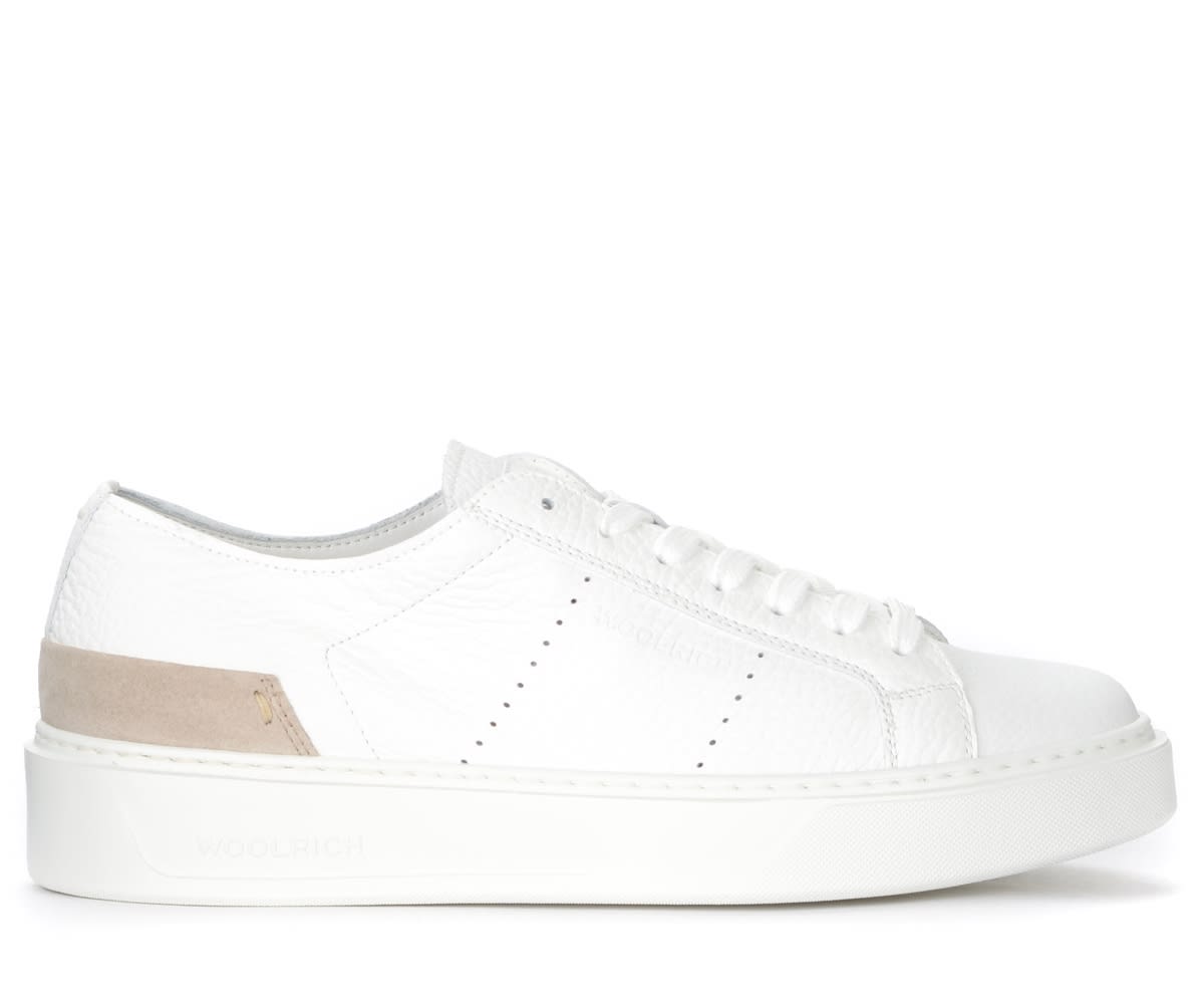 Woolrich Sneaker In White And Beige Grained Leather