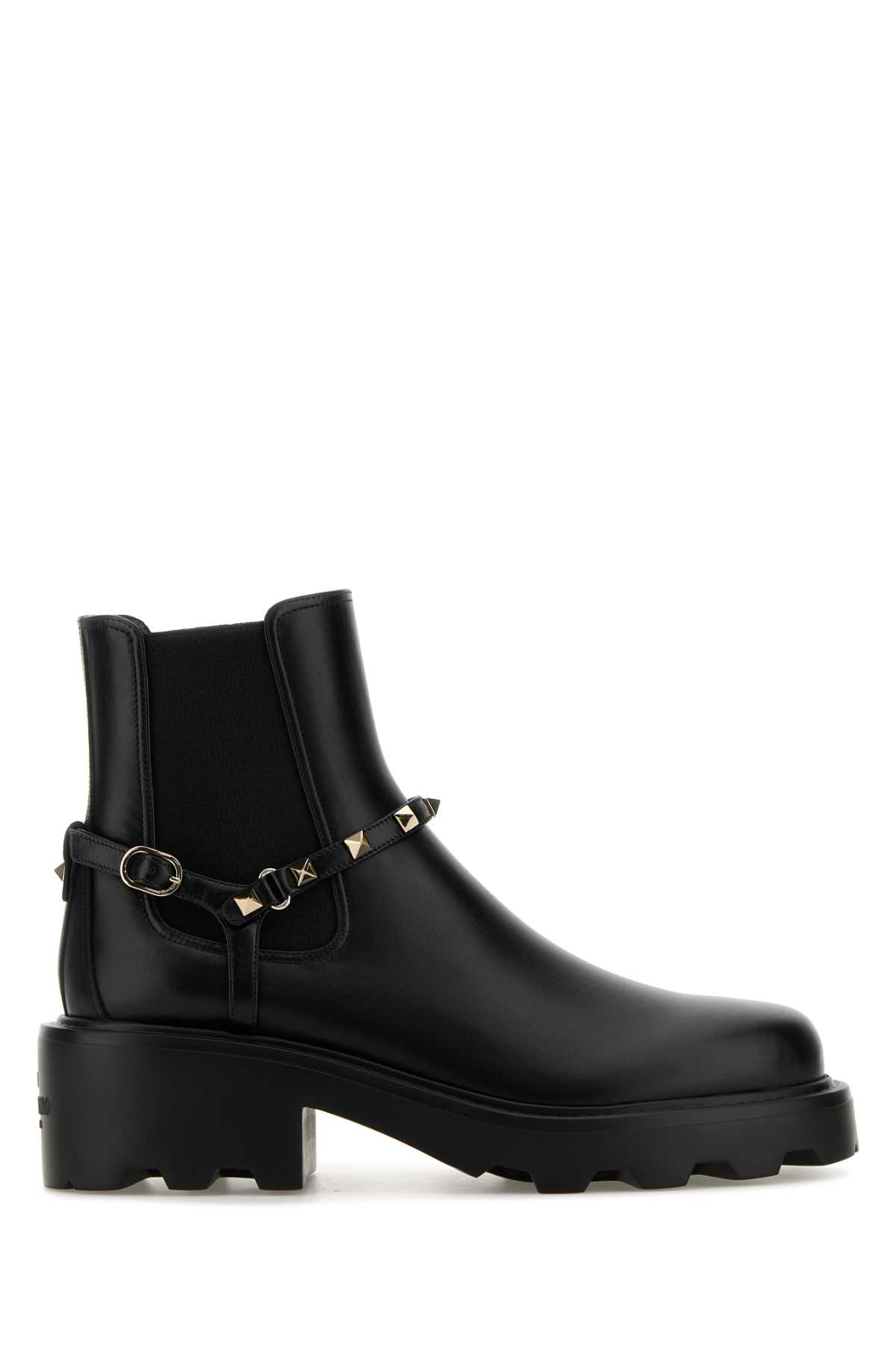 Black Leather Rockstud Ankle Boots