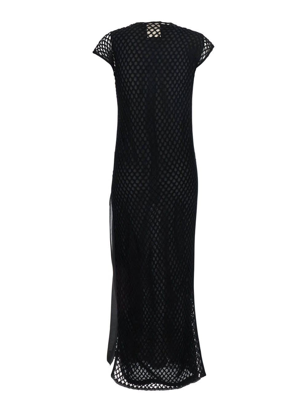 Semicouture Black Crewneck Long Dress With Fishnet Design And Matching Underdress In Black