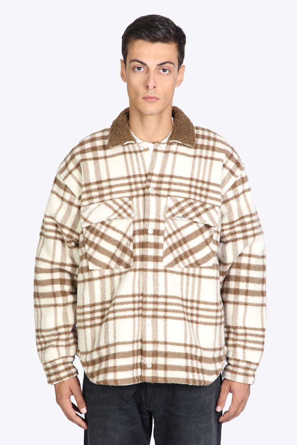 REPRESENT Sherpa T-shirt Bone/brown Check Wool Overshirt - Sherpa Shirt