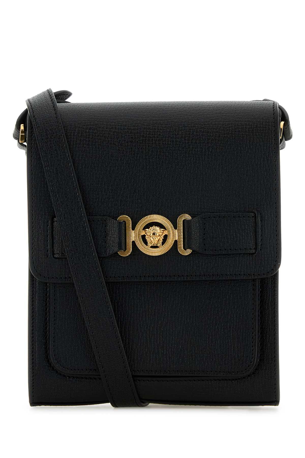 Black Leather Medusa Biggie Crossbody Bag