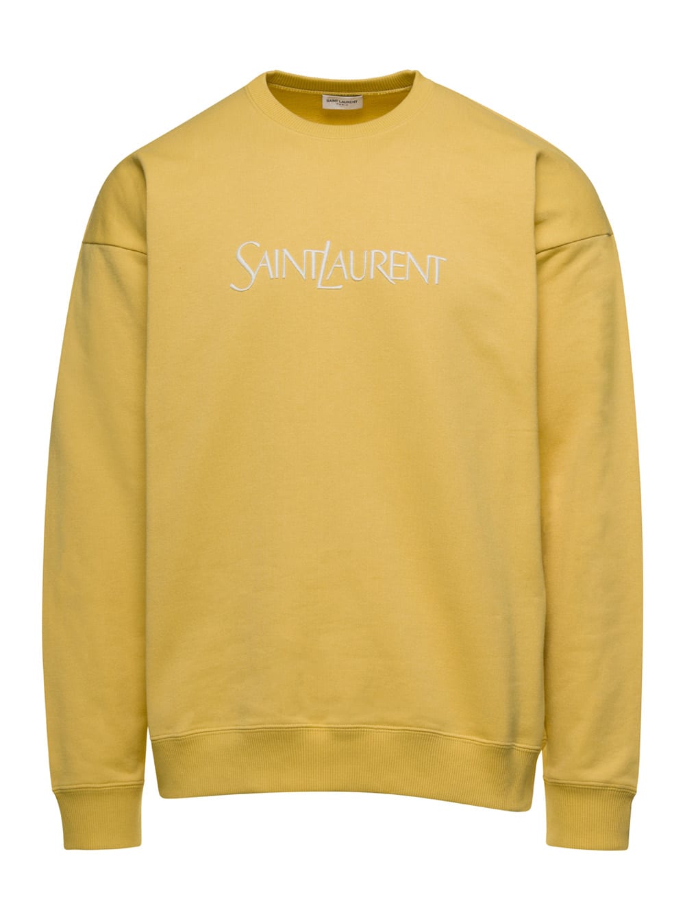 Shop Saint Laurent Yellow Crewneck Sweatshirt With Logo Lettering Embroidery In Cotton Man