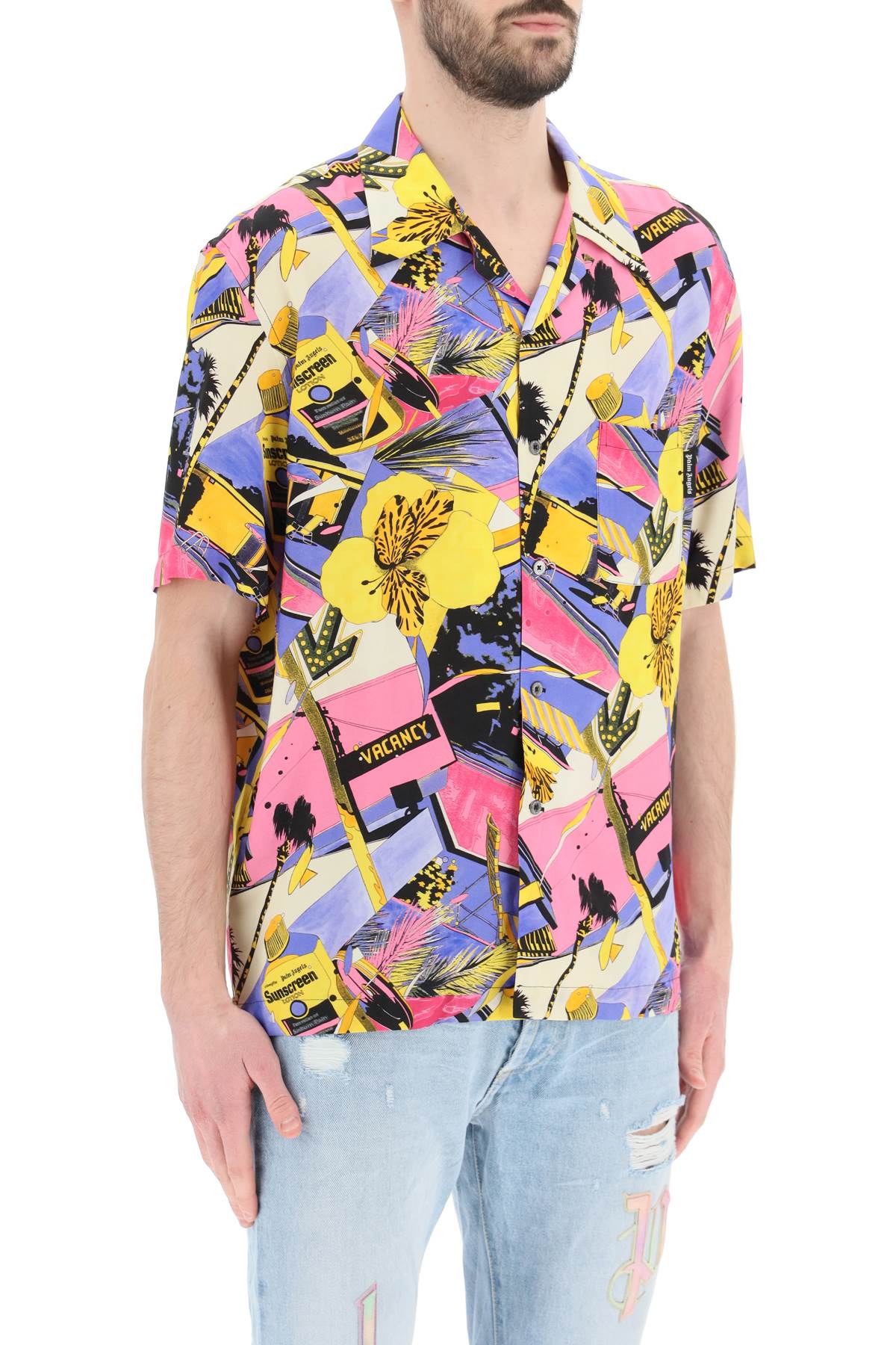 Shop Palm Angels Bowling Shirt With Miami Mix Print