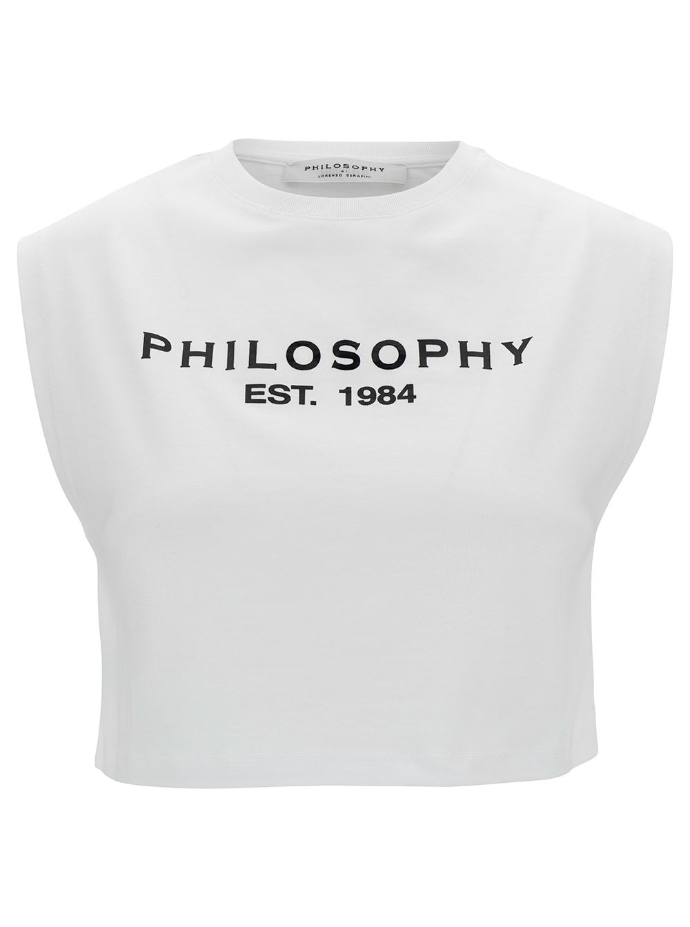 PHILOSOPHY DI LORENZO SERAFINI WHITE CROP T-SHIRT WITH FRONT AND REAR LOGO PRINT IN COTTON WOMAN